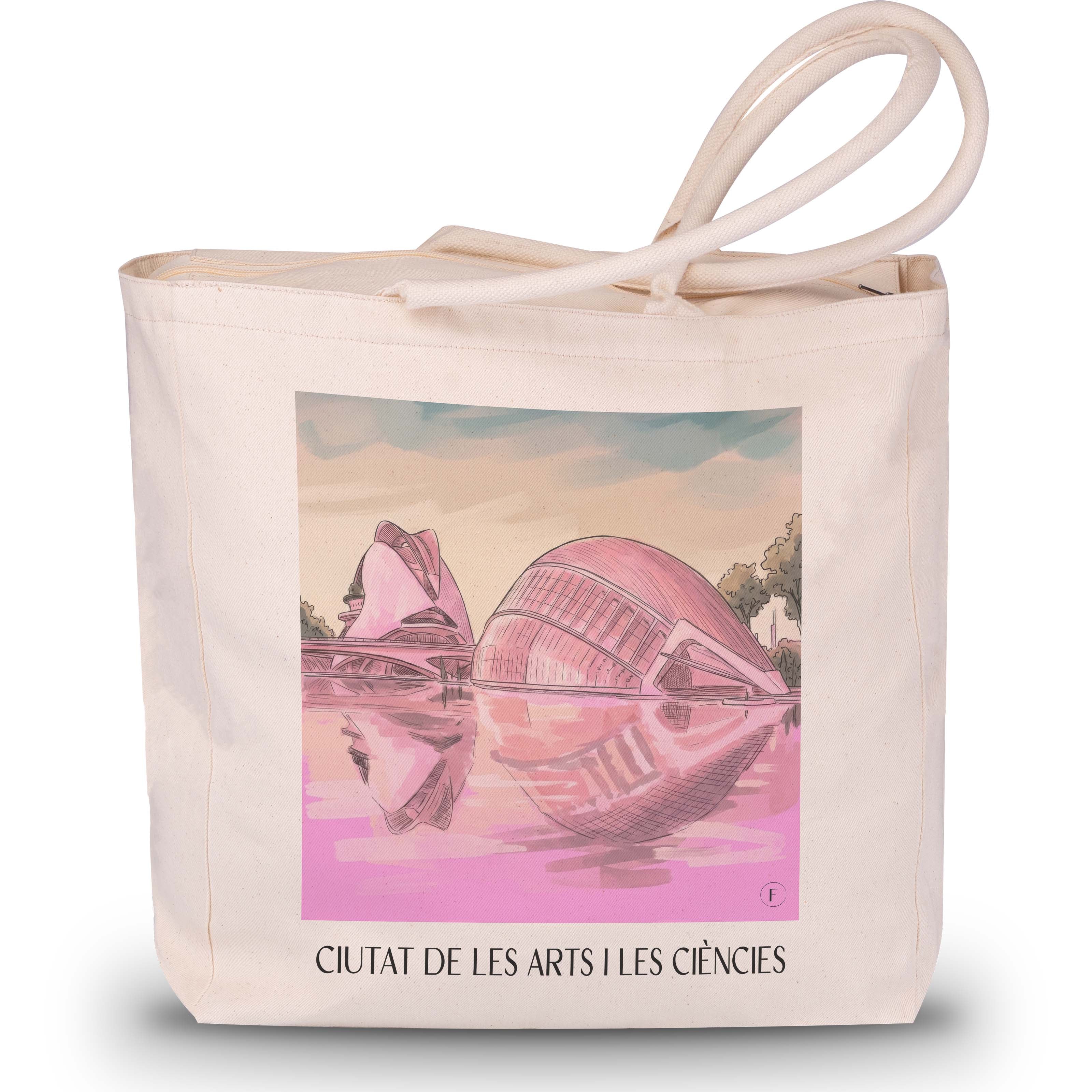 ciutat-de-les-arts-i-les-ciències-valencia-spanien-einkaufstasche-aquarell-pink-rosa