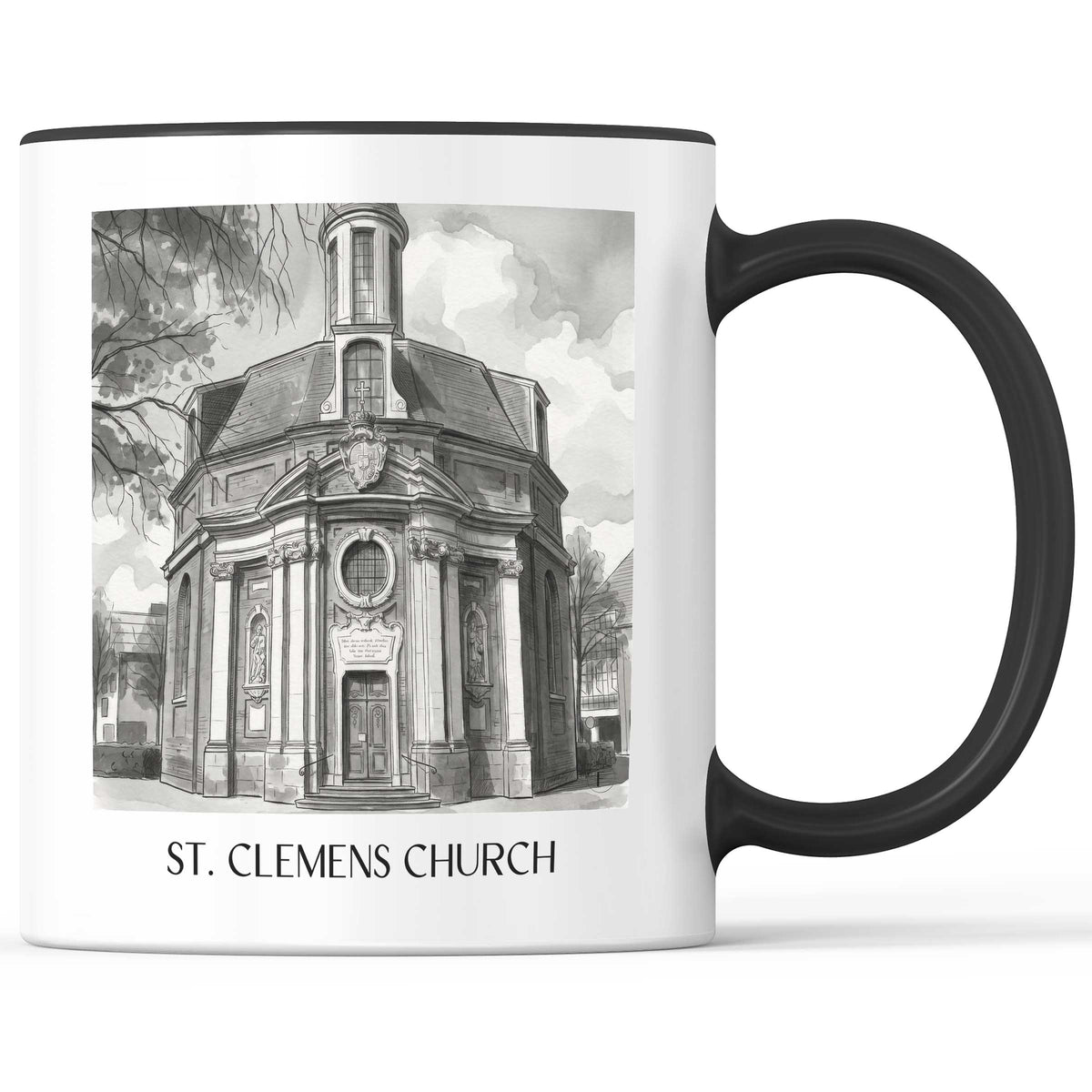 Clemenskirche Kaffeebecher - Münster - Deutschland Becher - Kaffeetasse im Aquarell Schwarz-Weiß Stil - favplace