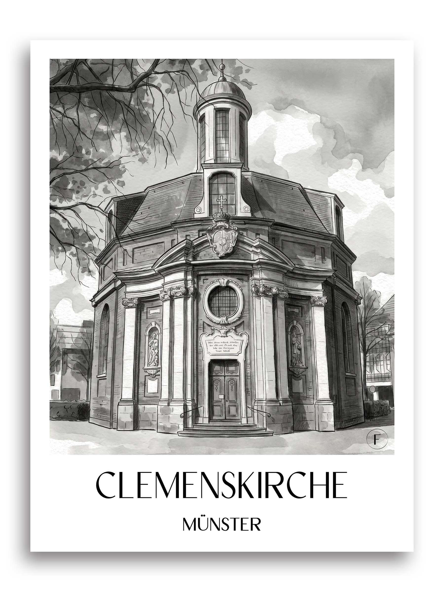 clemenskirche-münster-deutschland-poster-aquarell-schwarz-weiss