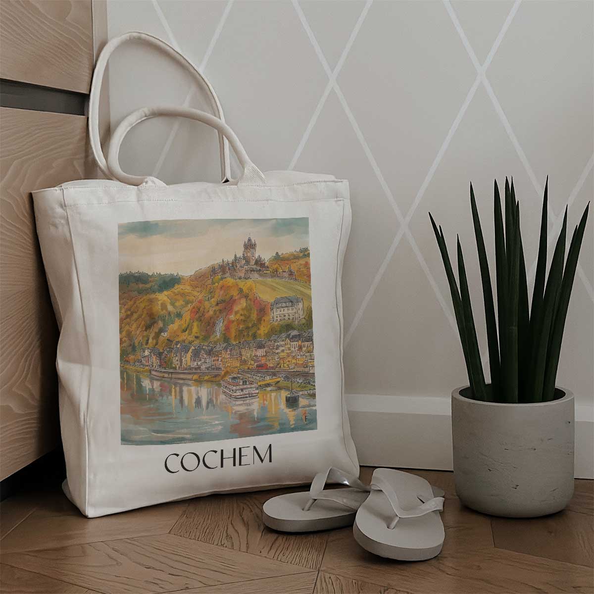 cochem-mosel-deutschland-einkaufstasche-aquarell