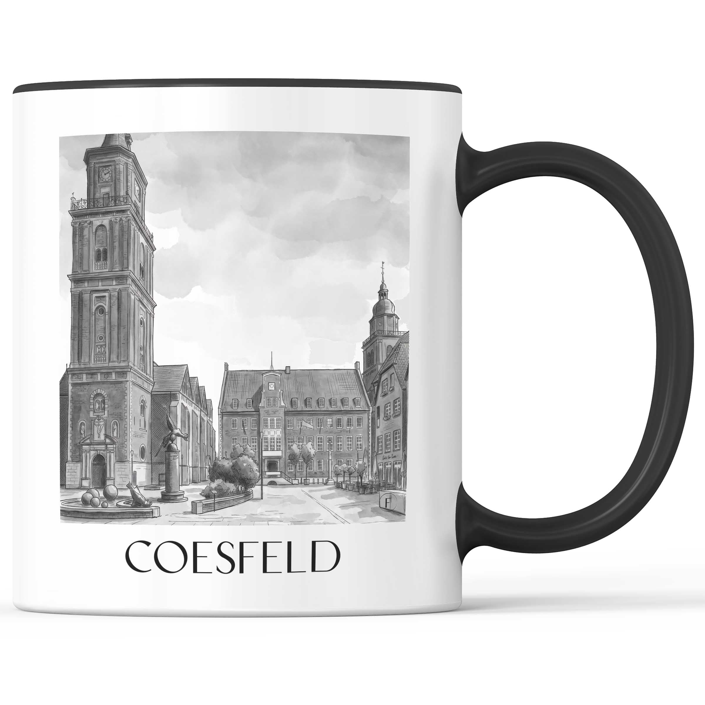 Coesfeld Kaffeebecher - Münsterland - Deutschland Becher - Kaffeetasse im Aquarell Schwarz-Weiß Stil - favplace