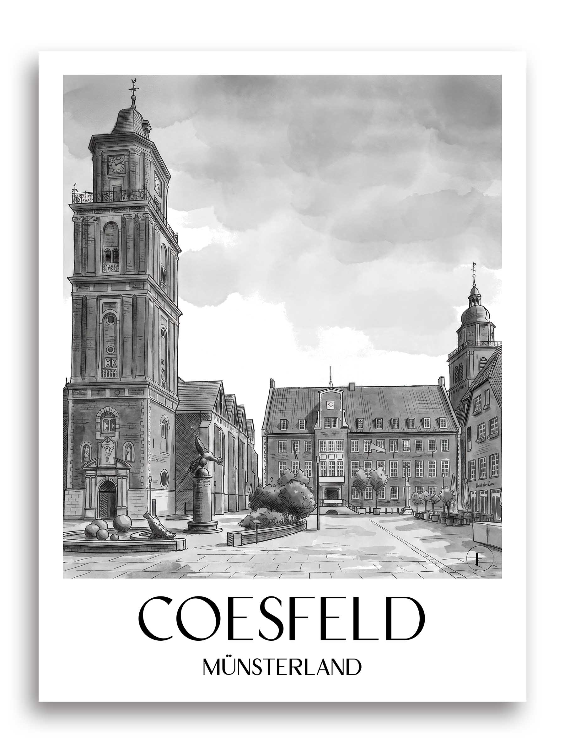 coesfeld-münsterland-deutschland-poster-aquarell-schwarz-weiss