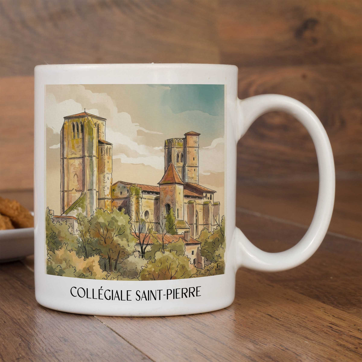 collégiale-saint-pierre-la-romieu-frankreich-kaffeebecher-aquarell