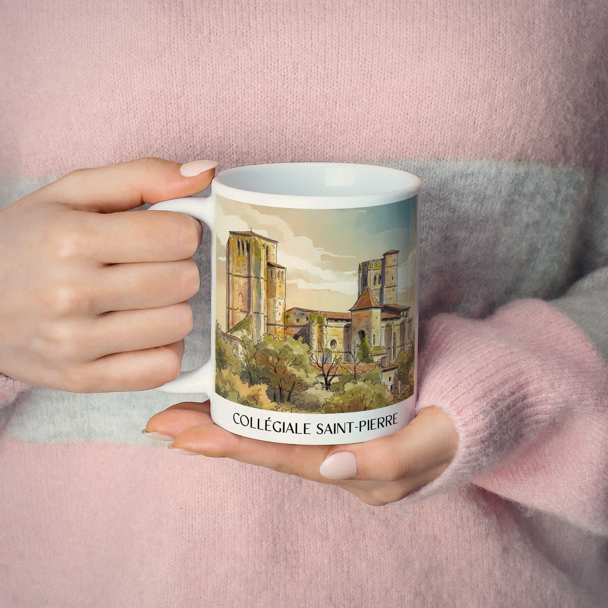 collégiale-saint-pierre-la-romieu-frankreich-kaffeebecher-aquarell