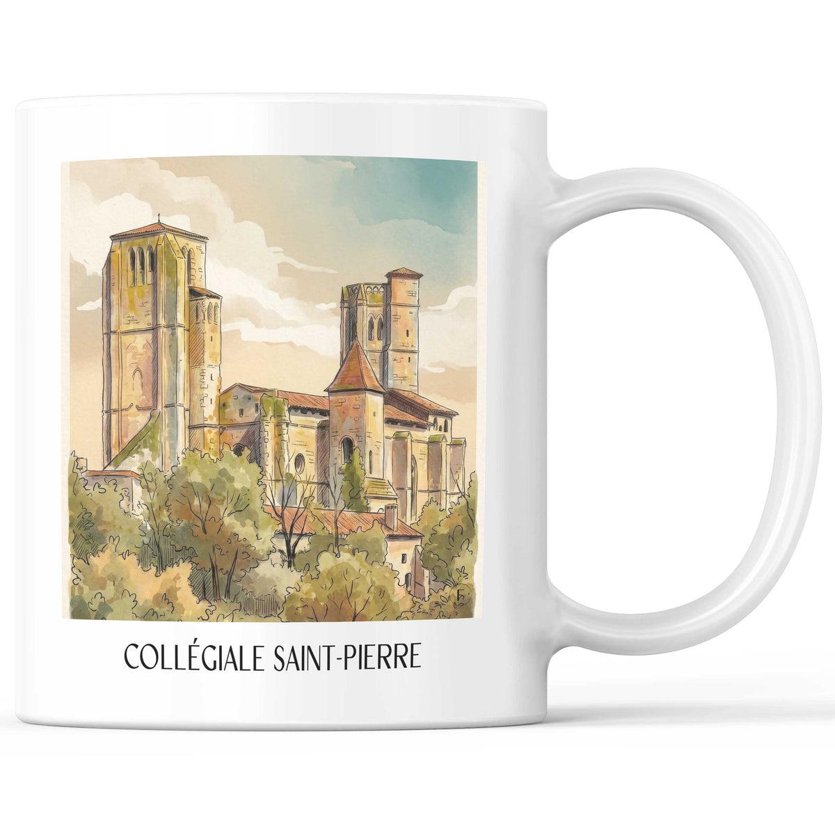 collégiale-saint-pierre-la-romieu-frankreich-kaffeebecher-aquarell