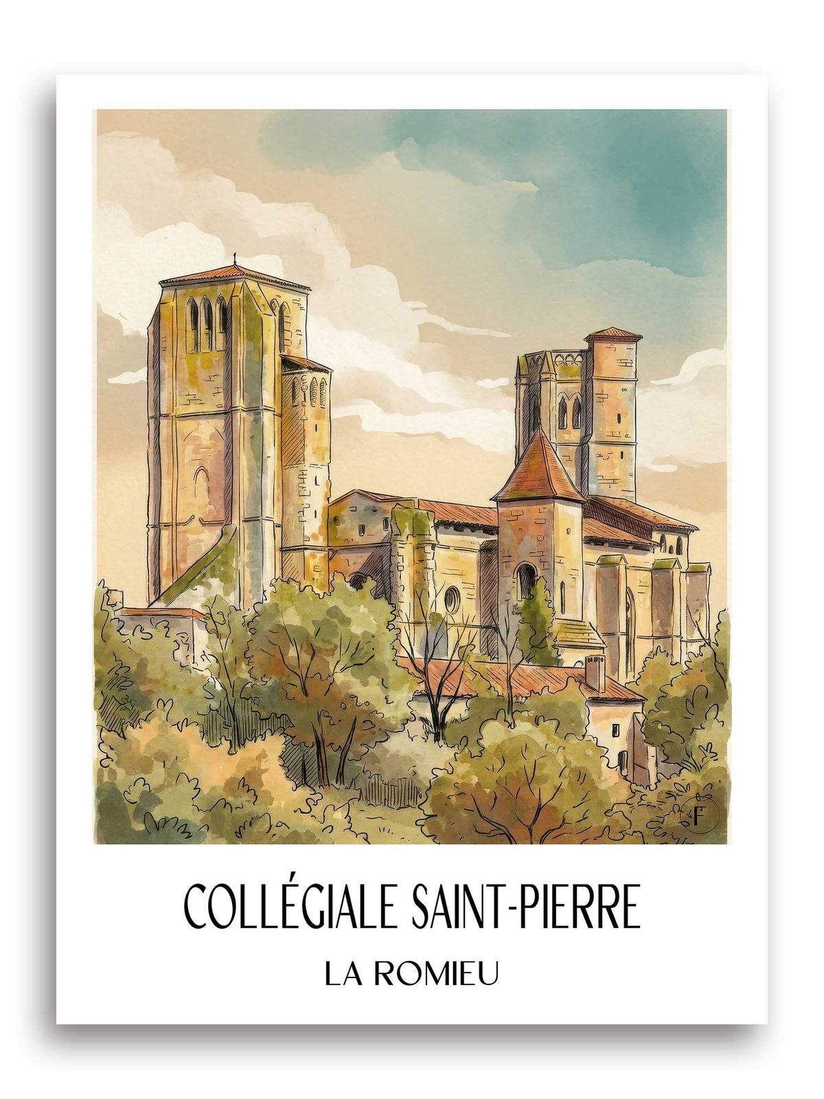 collégiale-saint-pierre-la-romieu-frankreich-poster-aquarell