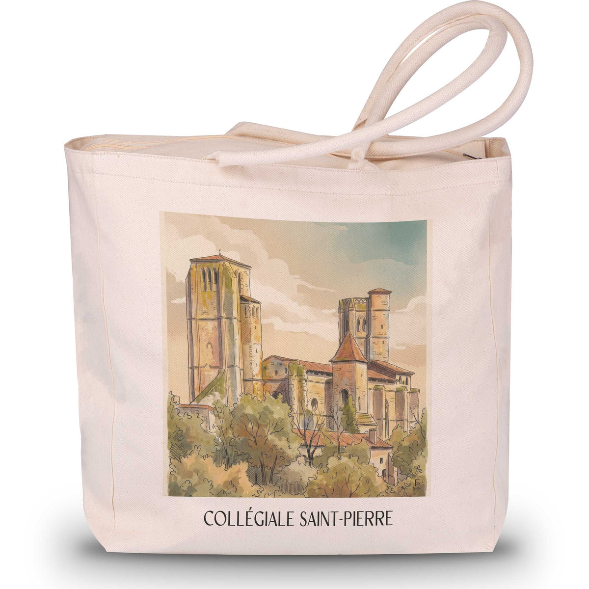 collégiale-saint-pierre-la-romieu-frankreich-einkaufstasche-aquarell