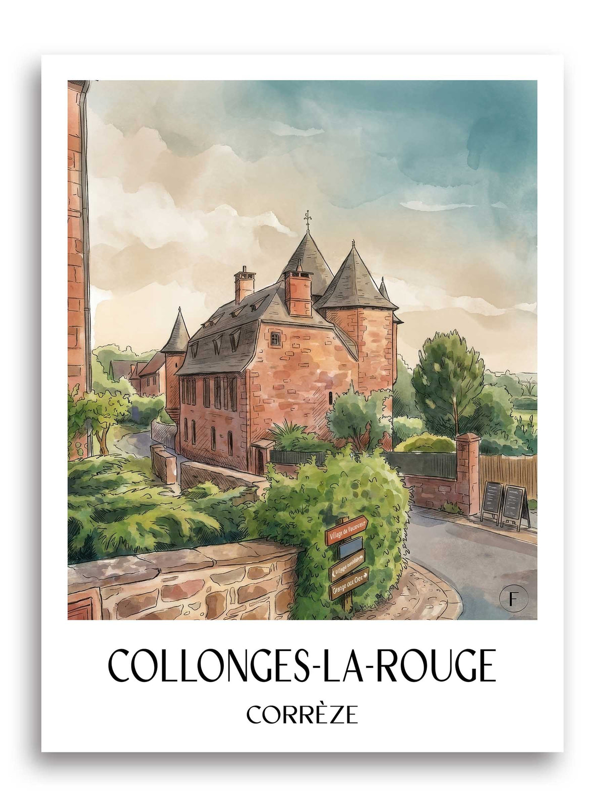collonges-la-rouge-corrèze-frankreich-poster-aquarell