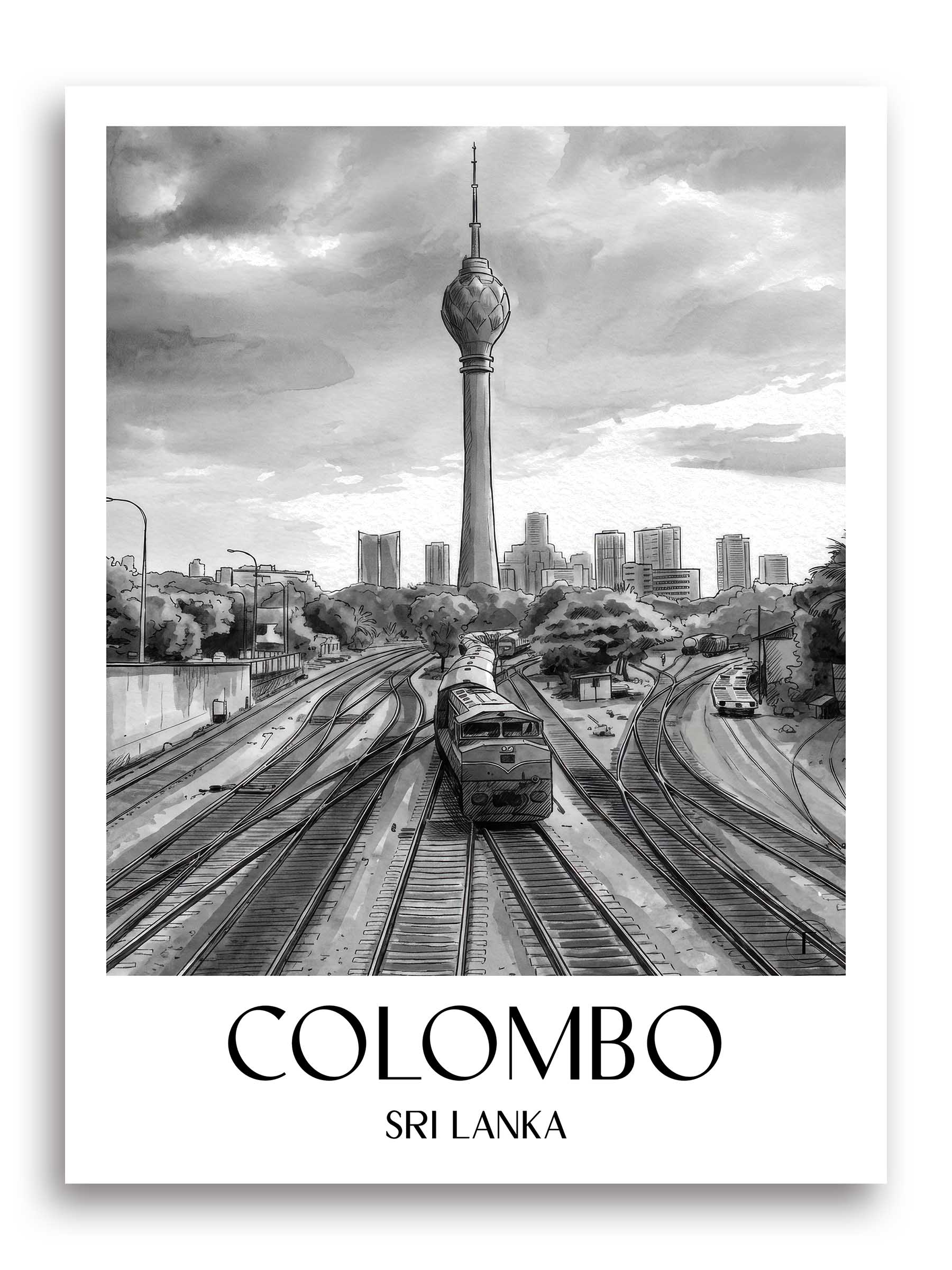 Colombo Poster - - Sri Lanka Kunstdruck - Aquarell Schwarz-Weiß von A4 bis A1 - favplace