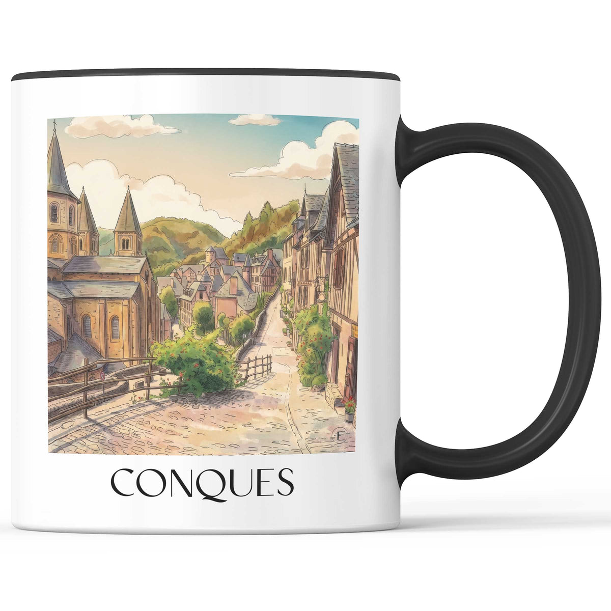 conques-vallée-du-lot-frankreich-kaffeebecher-aquarell