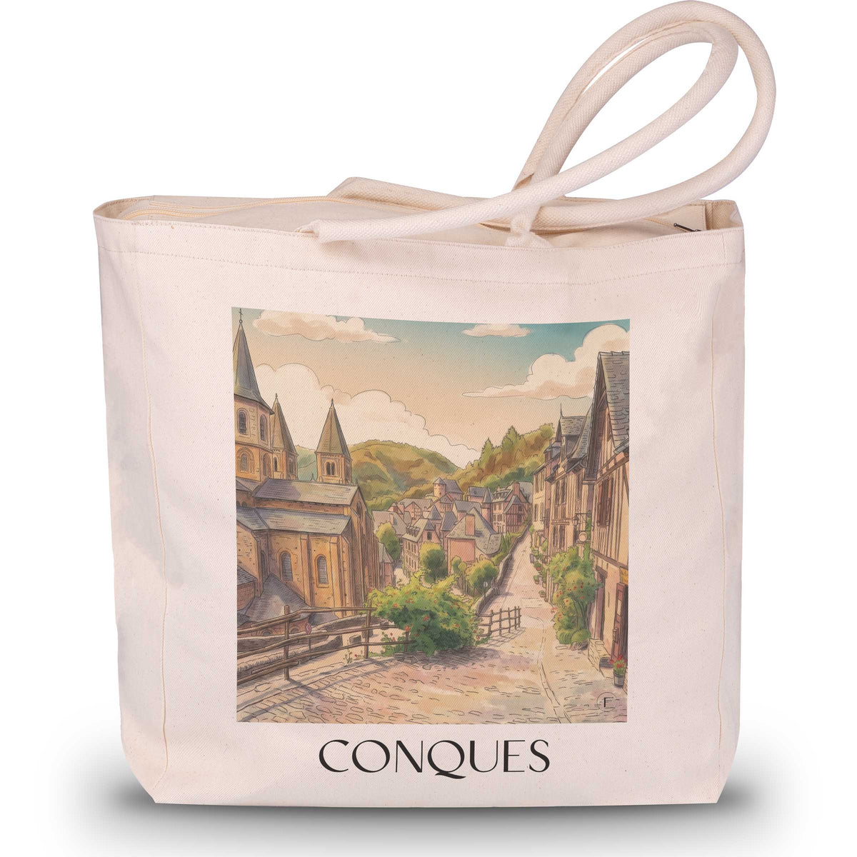 conques-vallée-du-lot-frankreich-einkaufstasche-aquarell