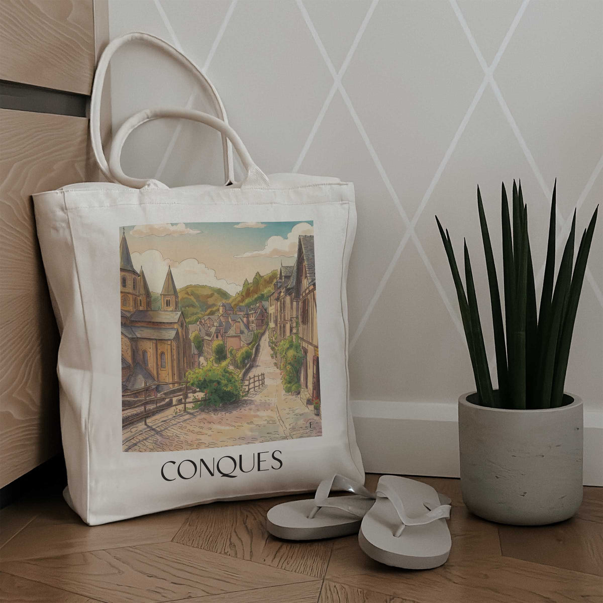 conques-vallée-du-lot-frankreich-einkaufstasche-aquarell