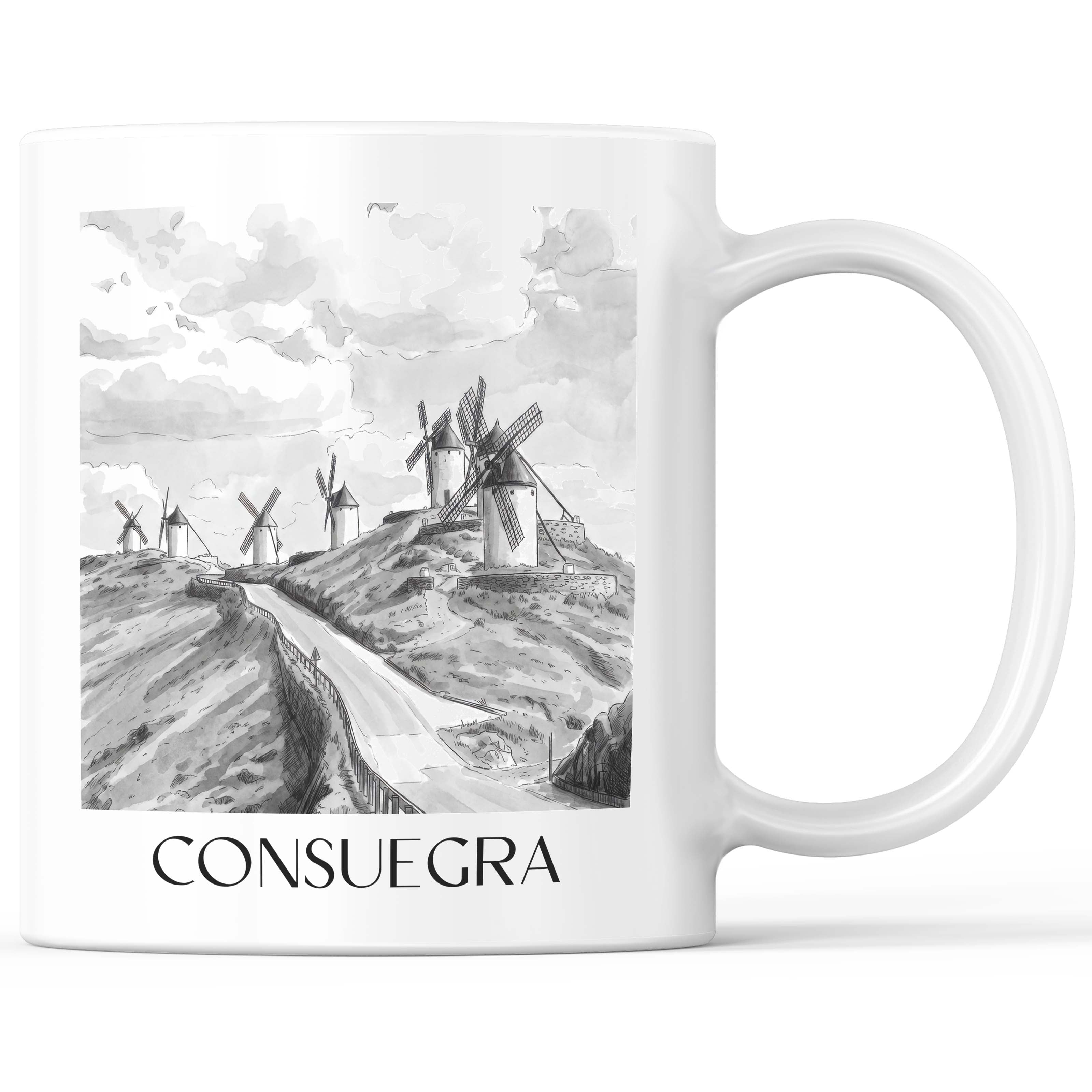 Consuegra Kaffeebecher - Spanien - Spanien und Spanien Becher - Kaffeetasse im Aquarell Schwarz-Weiß Stil - favplace