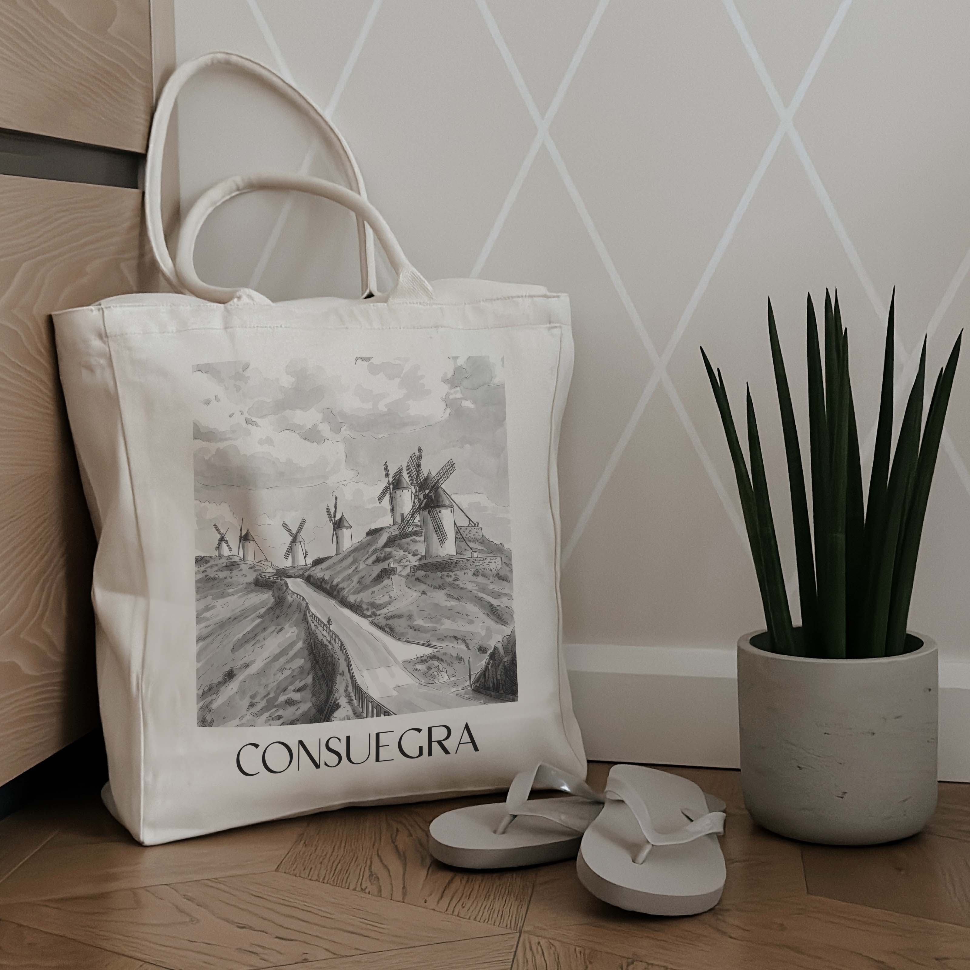 consuegra-spanien-spanien-einkaufstasche-aquarell-schwarz-weiss