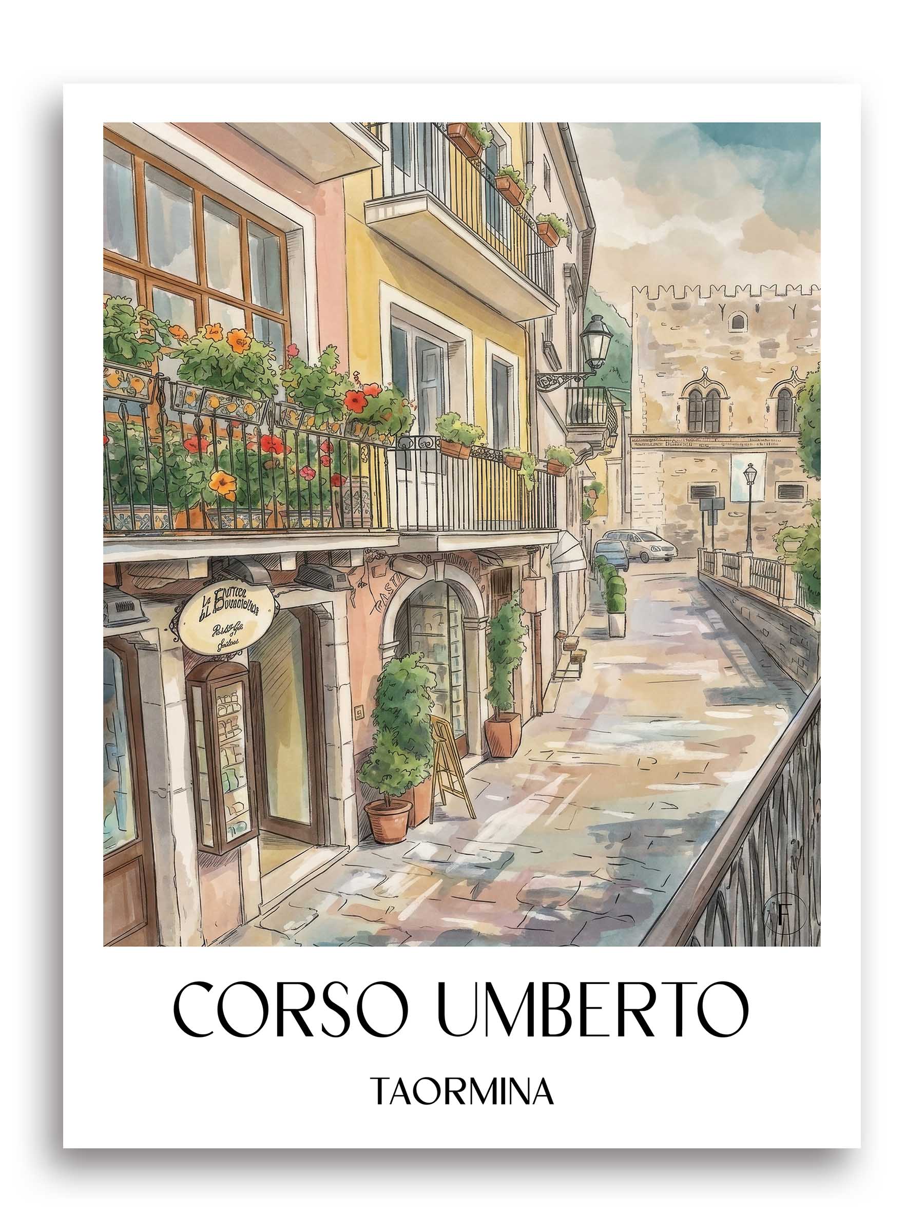 Corso Umberto Poster - Taormina - Italien Kunstdruck - Aquarell von A4 bis A1 - favplace