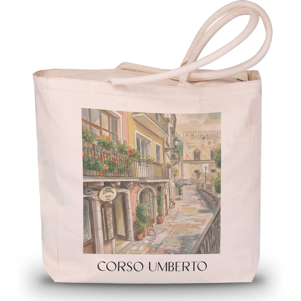 Corso Umberto Shopping Tasche - Taormina - Italien Tote Bag - Einkaufstasche im Aquarell Stil - favplace