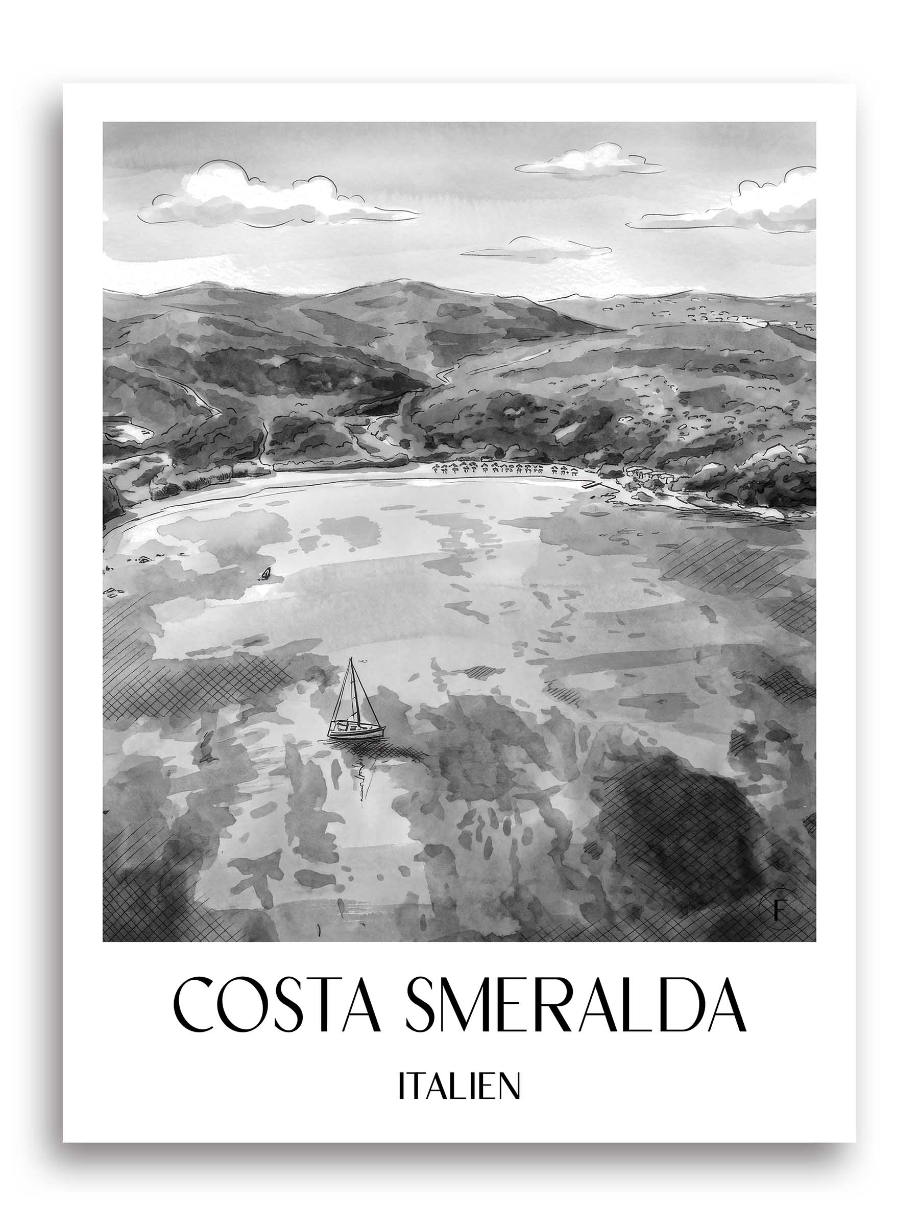 costa-smeralda-italien-poster-aquarell-schwarz-weiss
