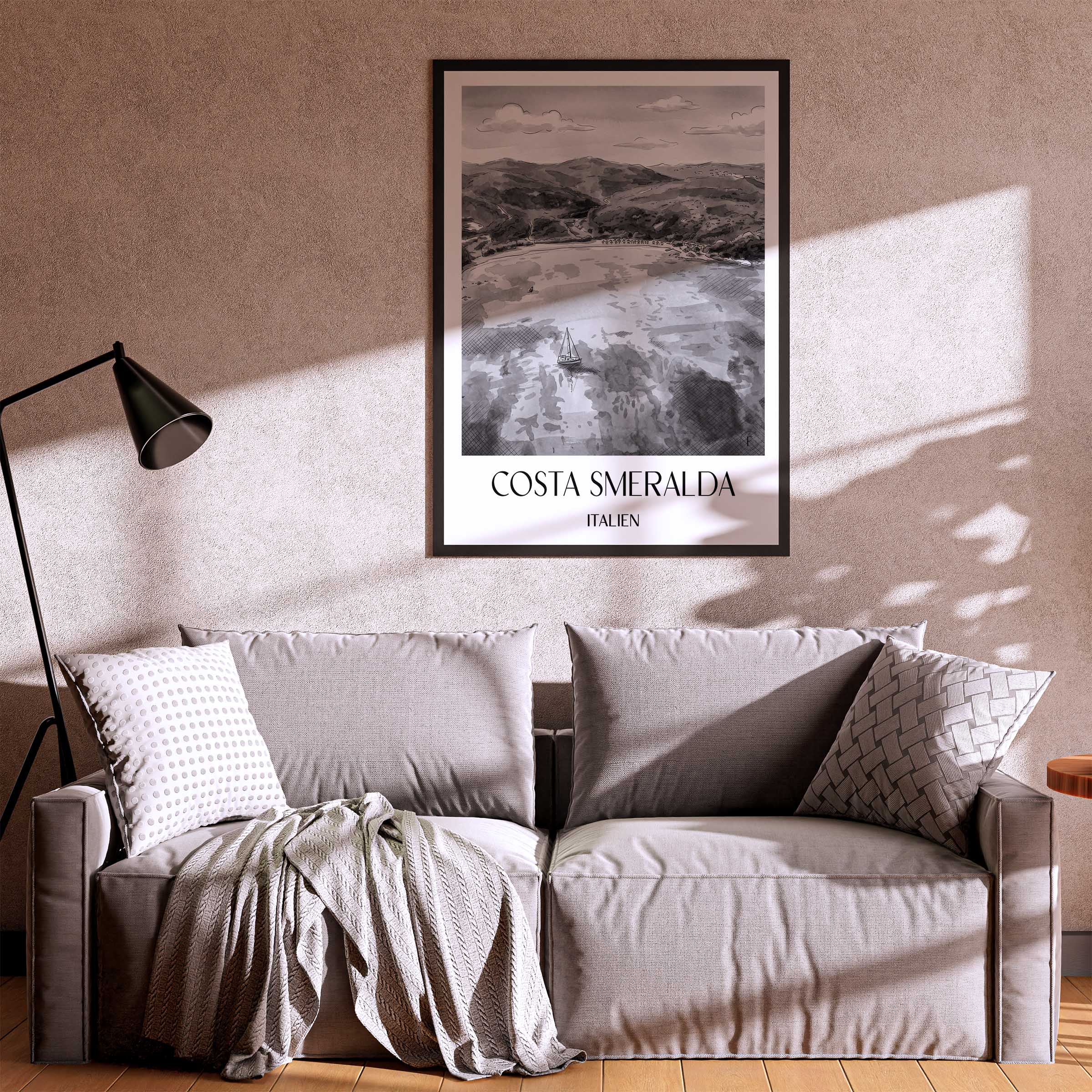 costa-smeralda-italien-poster-aquarell-schwarz-weiss