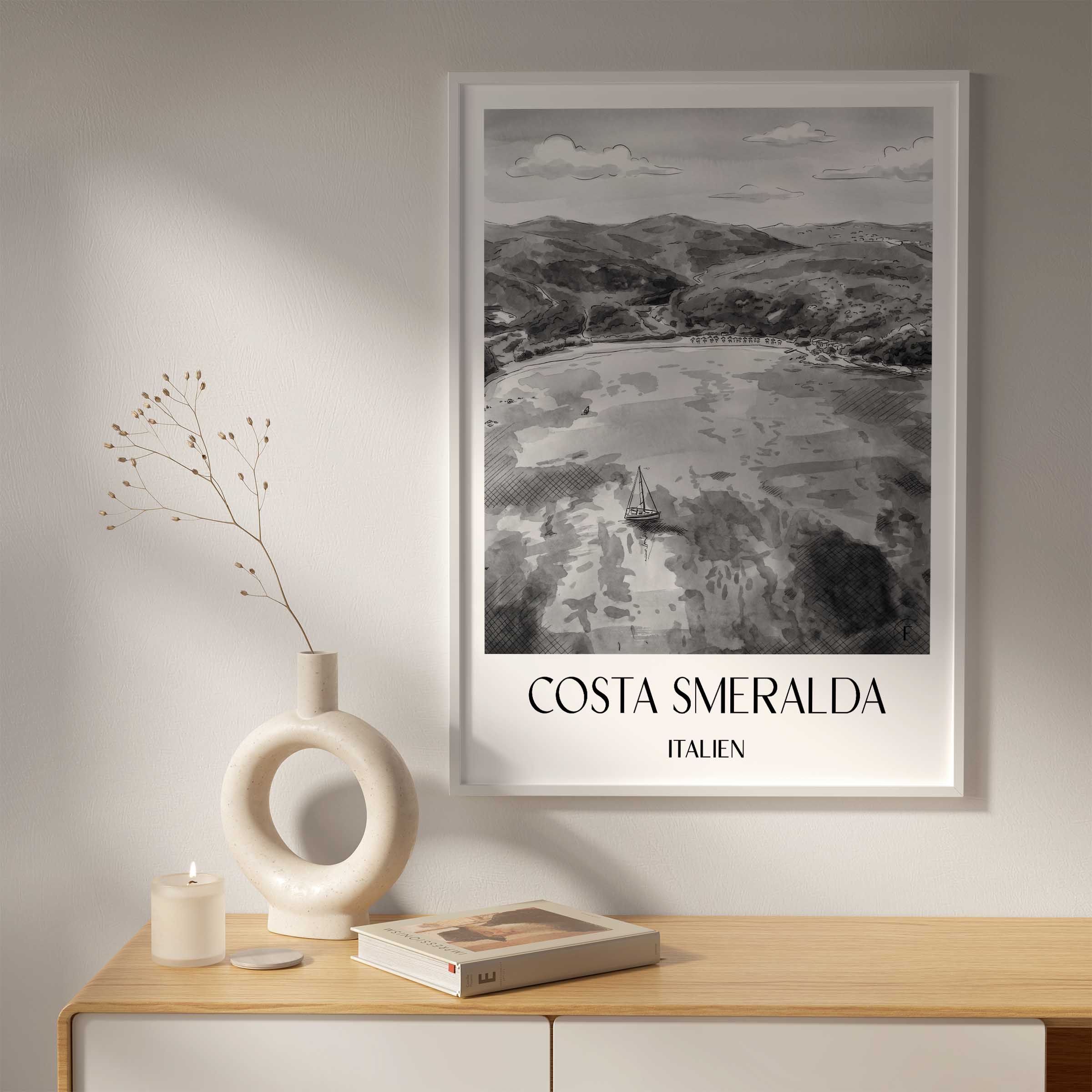 costa-smeralda-italien-poster-aquarell-schwarz-weiss
