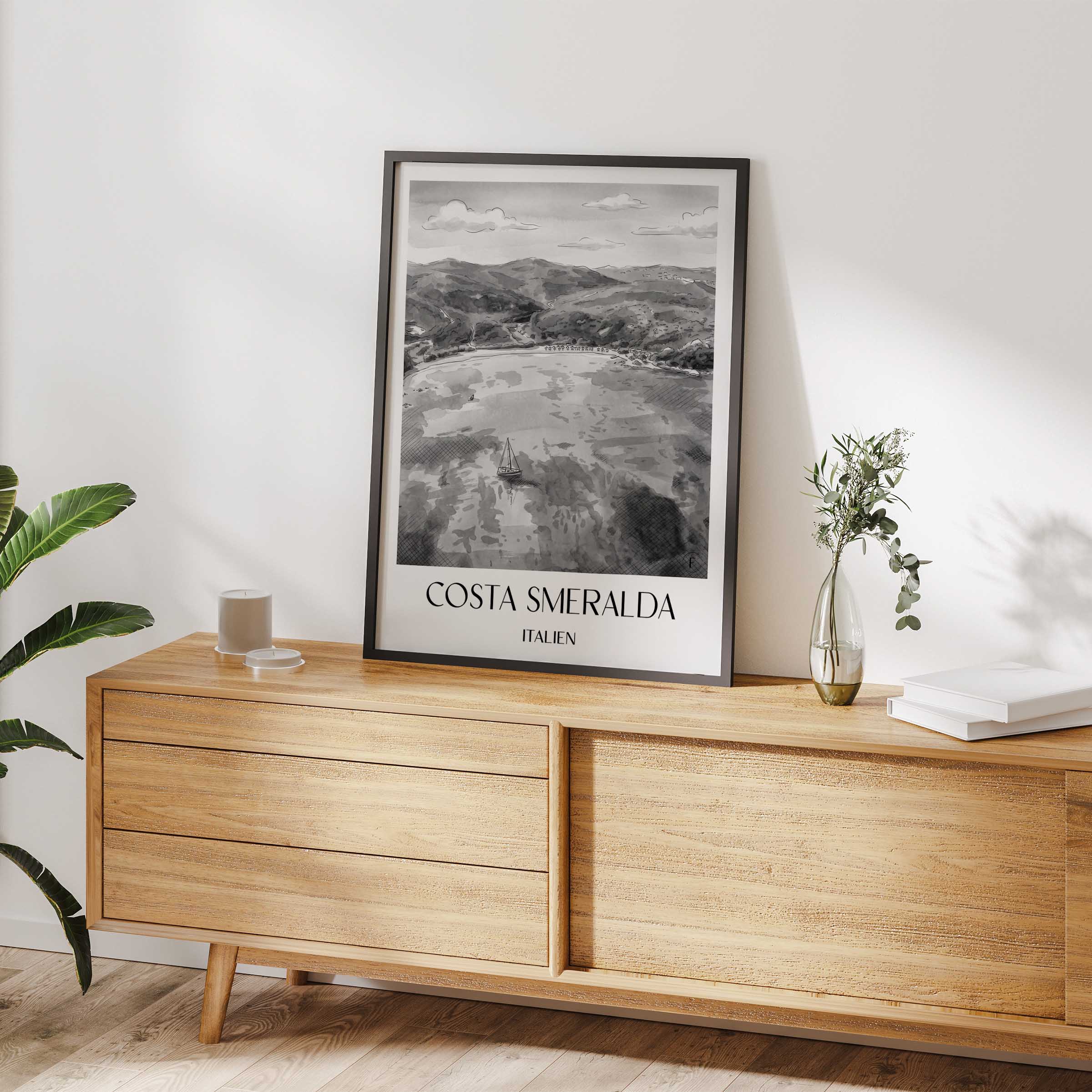 costa-smeralda-italien-poster-aquarell-schwarz-weiss