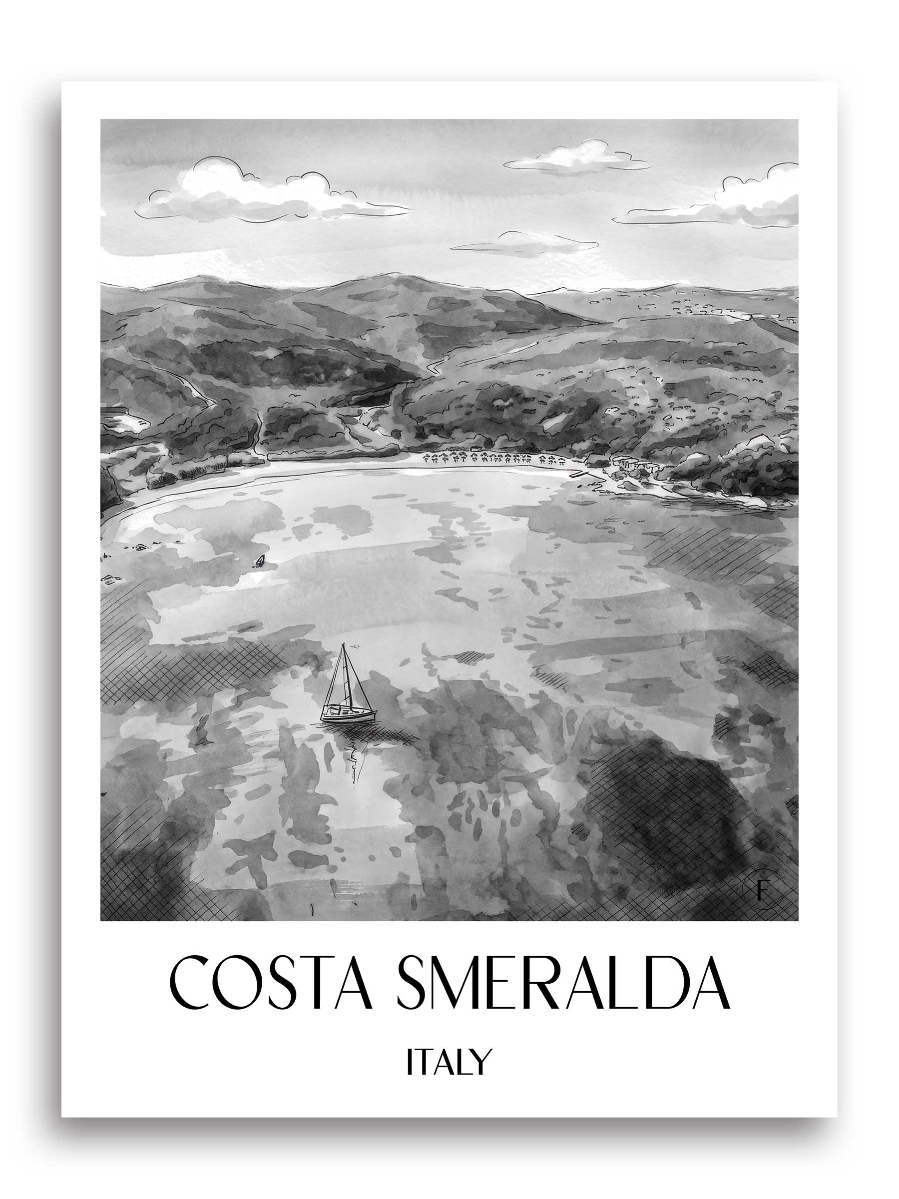 Costa Smeralda Poster - - Italien Kunstdruck - Aquarell Schwarz-Weiß von A4 bis A1 - favplace