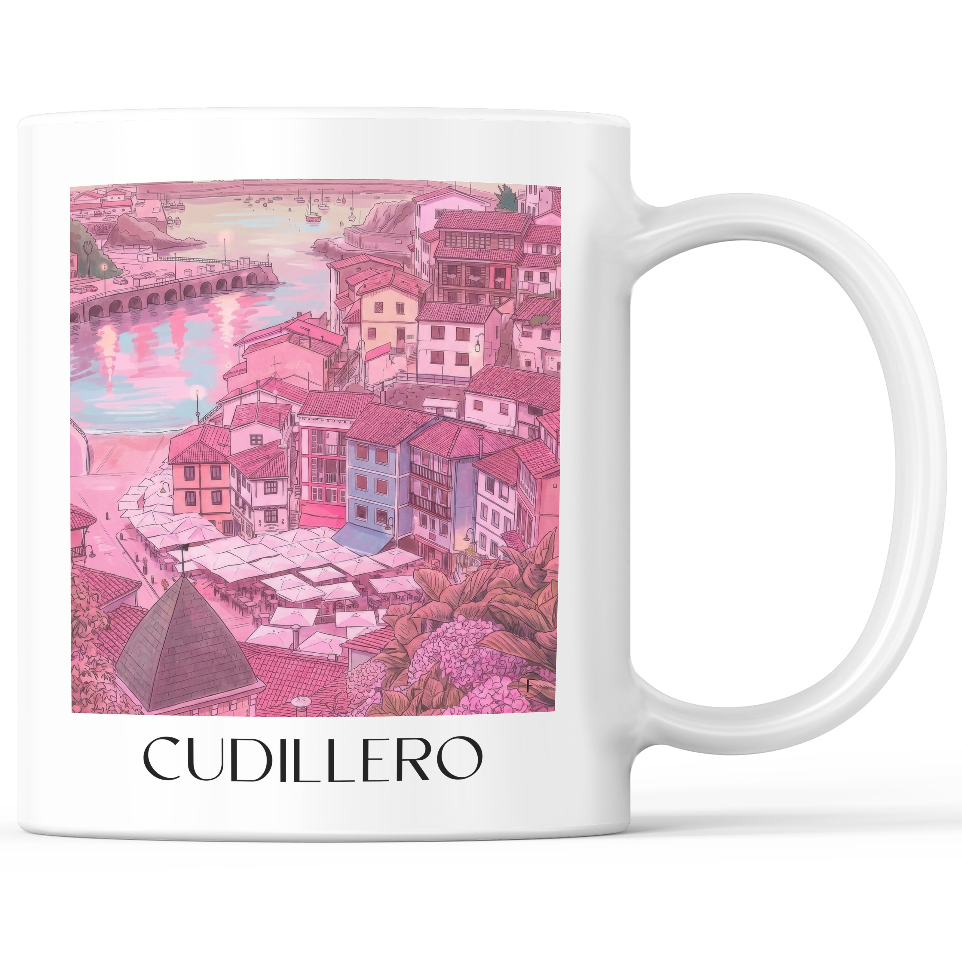 Cudillero Kaffeebecher - Spanien - Spanien Becher - Kaffeetasse im Aquarell Pink Stil - favplace