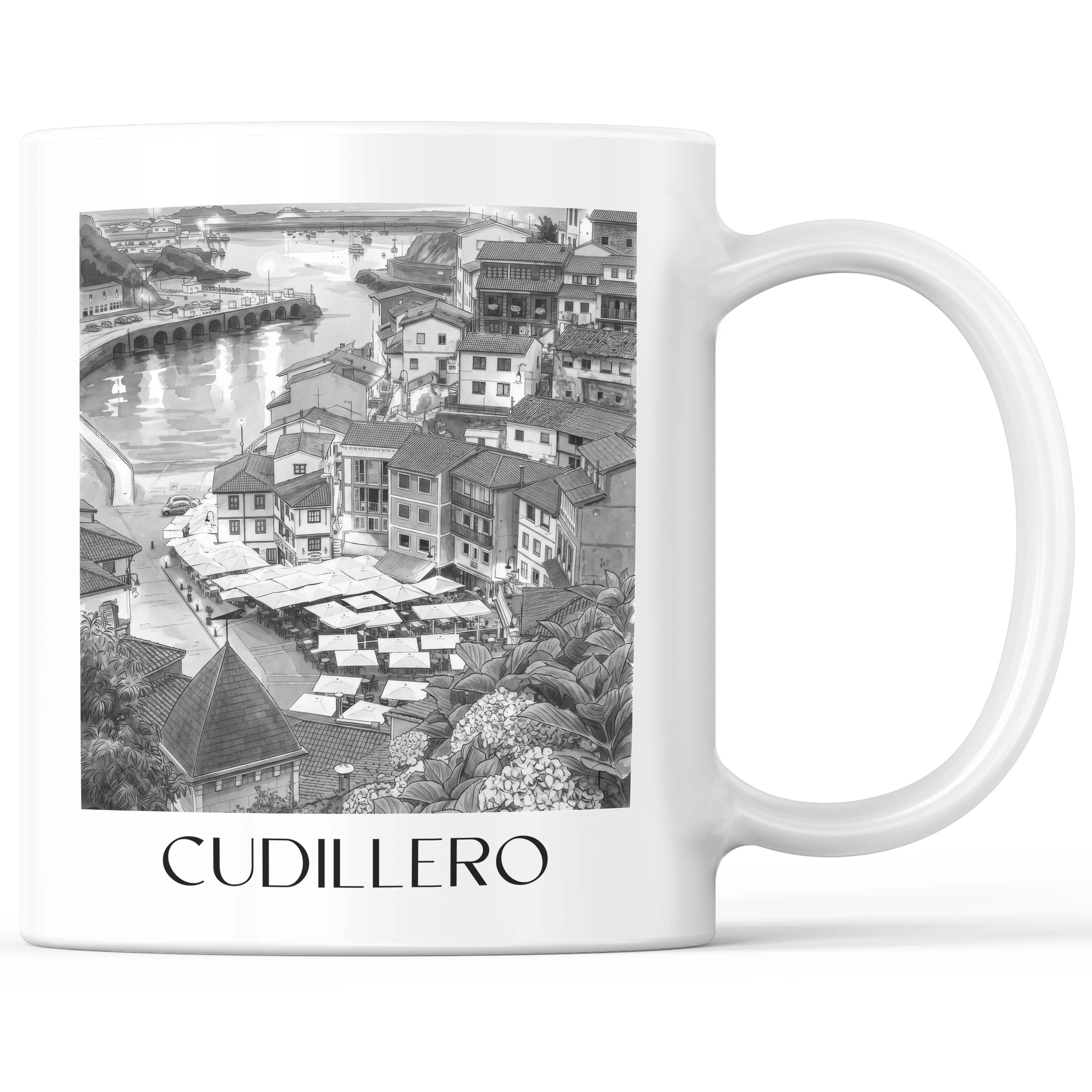 Cudillero Kaffeebecher - Spanien - Spanien Becher - Kaffeetasse im Aquarell Schwarz-Weiß Stil - favplace
