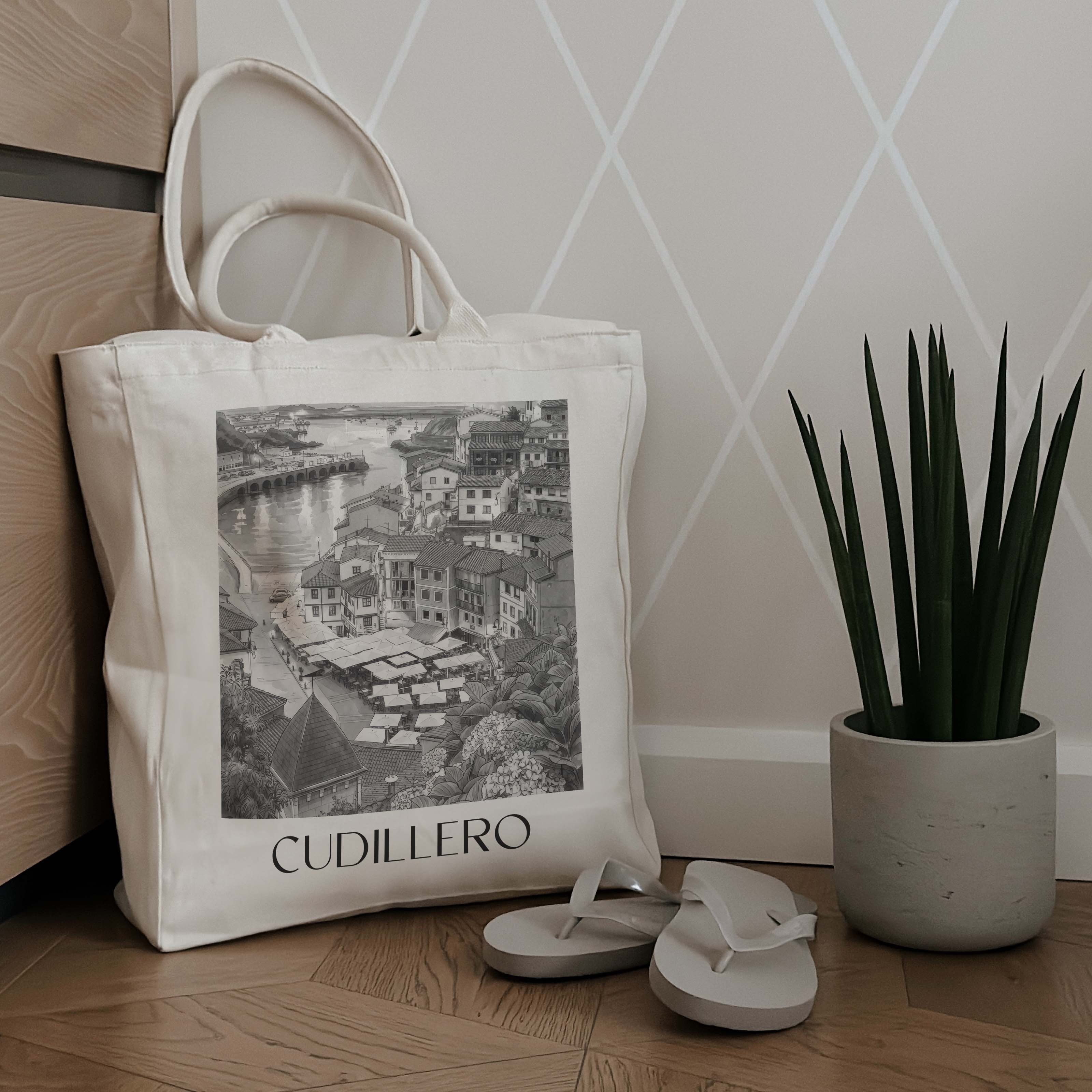 cudillero--spanien-spanien-einkaufstasche-aquarell-schwarz-weiss