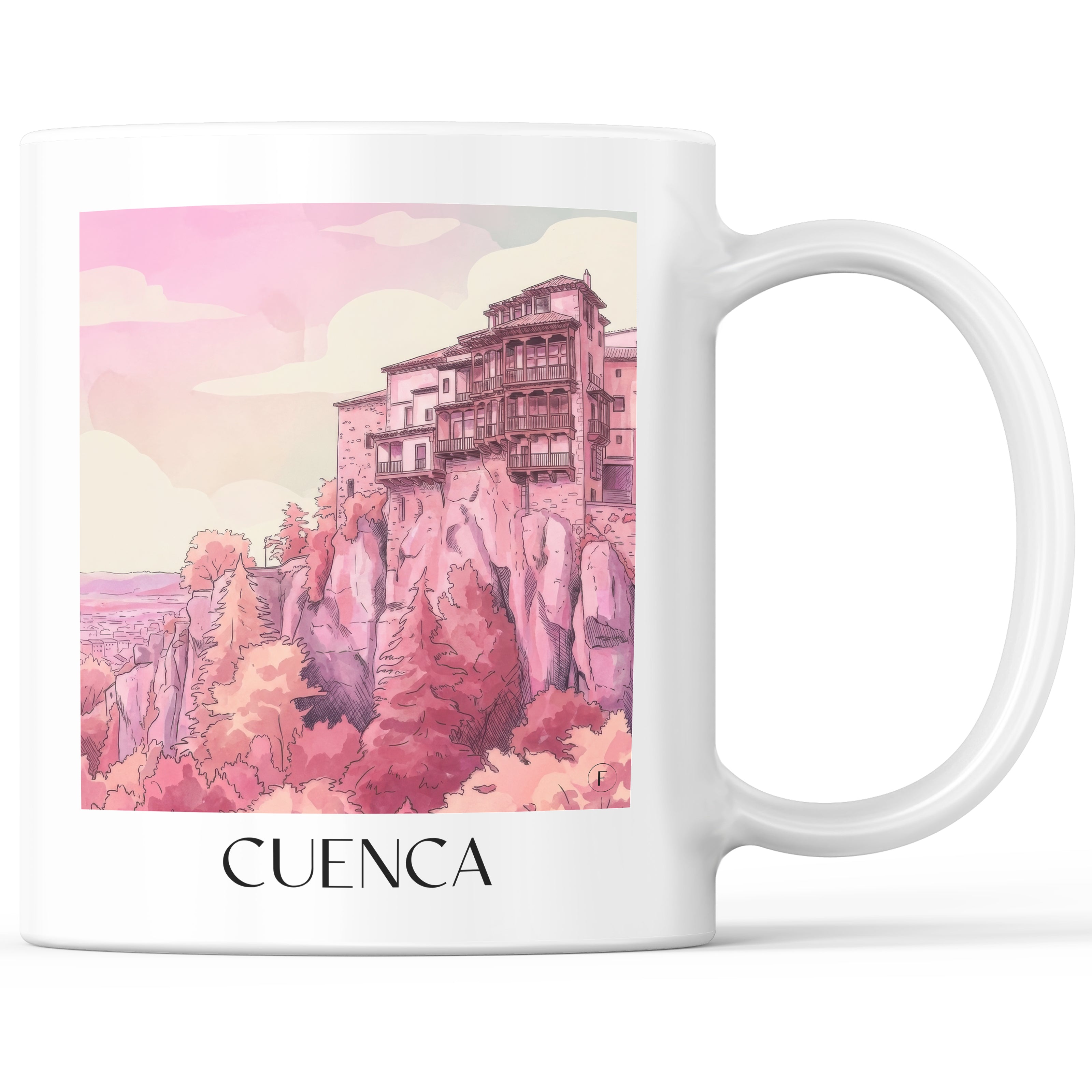 Cuenca Kaffeebecher - Spanien - Spanien Becher - Kaffeetasse im Aquarell Pink Stil - favplace
