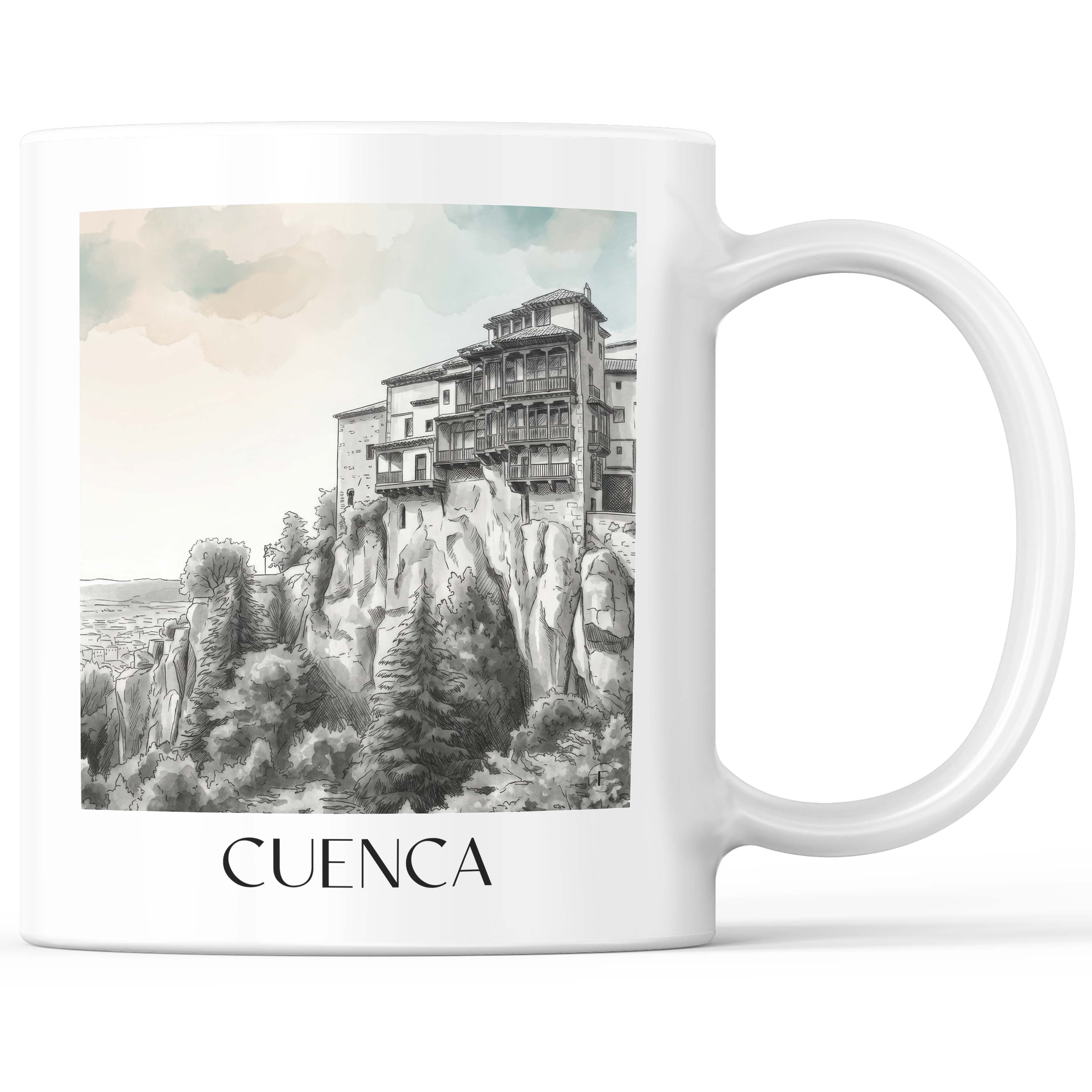 Cuenca Kaffeebecher - Spanien - Spanien Becher - Kaffeetasse im Aquarell Schwarz-Weiß Stil - favplace