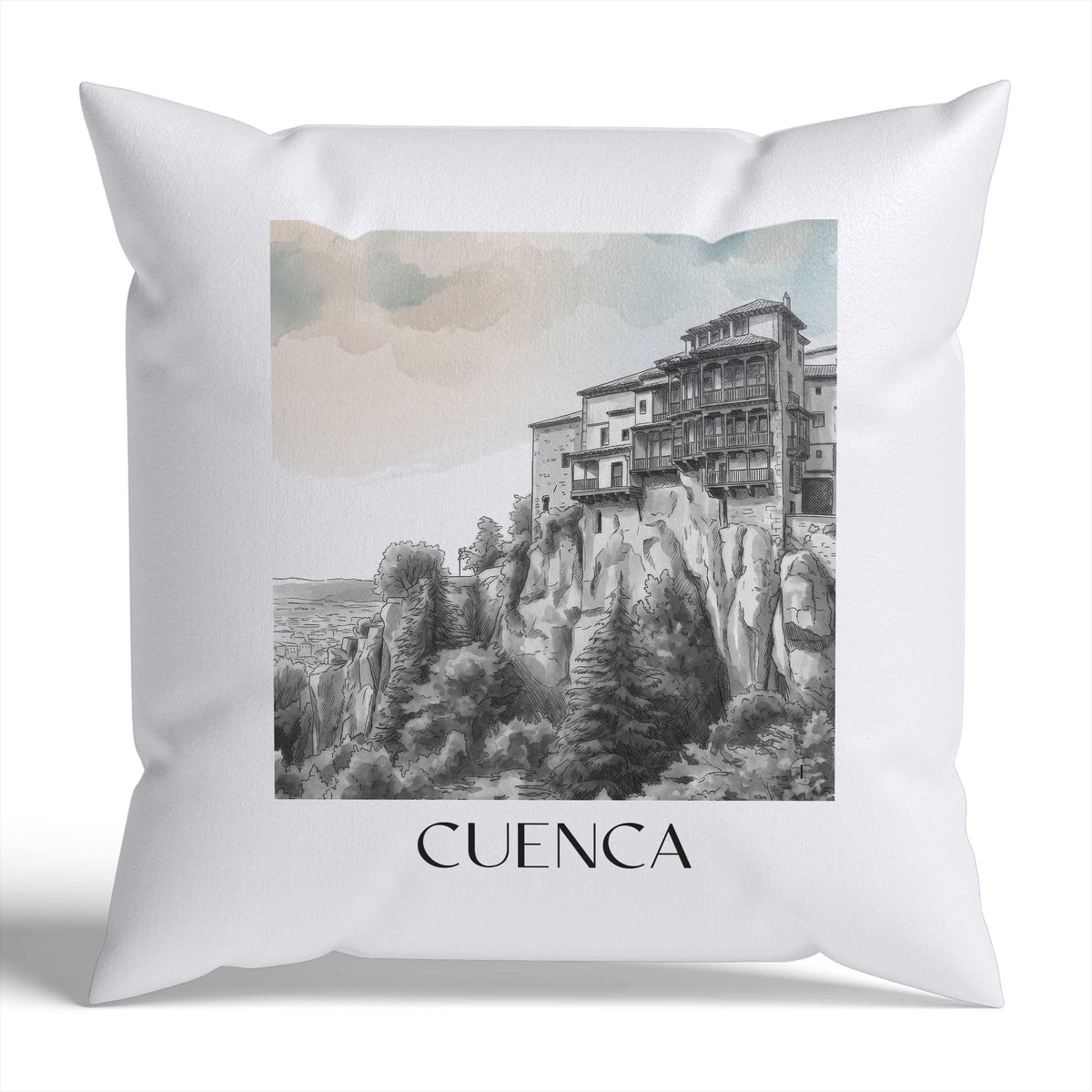 cuenca-spanien-spanien-kissenbezug-aquarell-schwarz-weiss