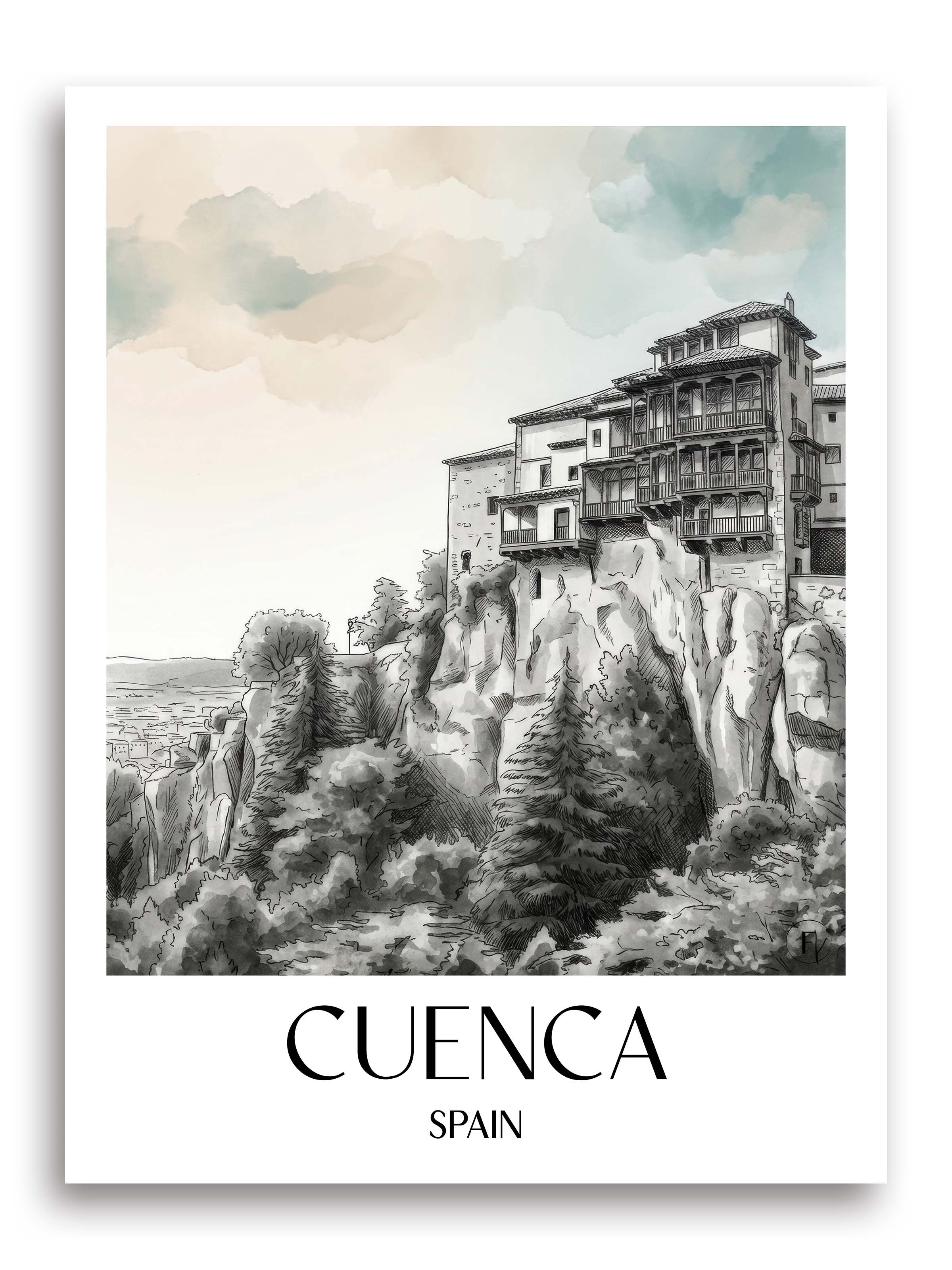 Cuenca Poster - Spanien - Spanien Kunstdruck - Aquarell Schwarz-Weiß von A4 bis A1 - favplace