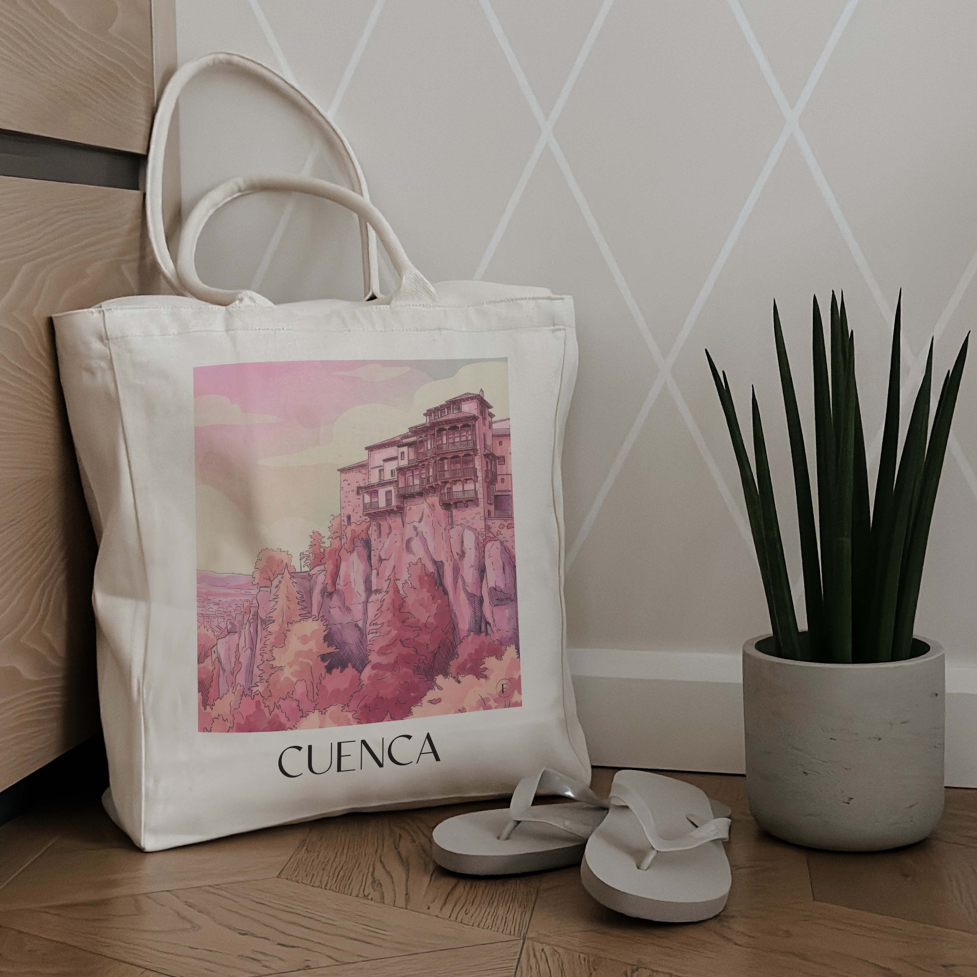 cuenca-spanien-spanien-einkaufstasche-aquarell-pink-rosa