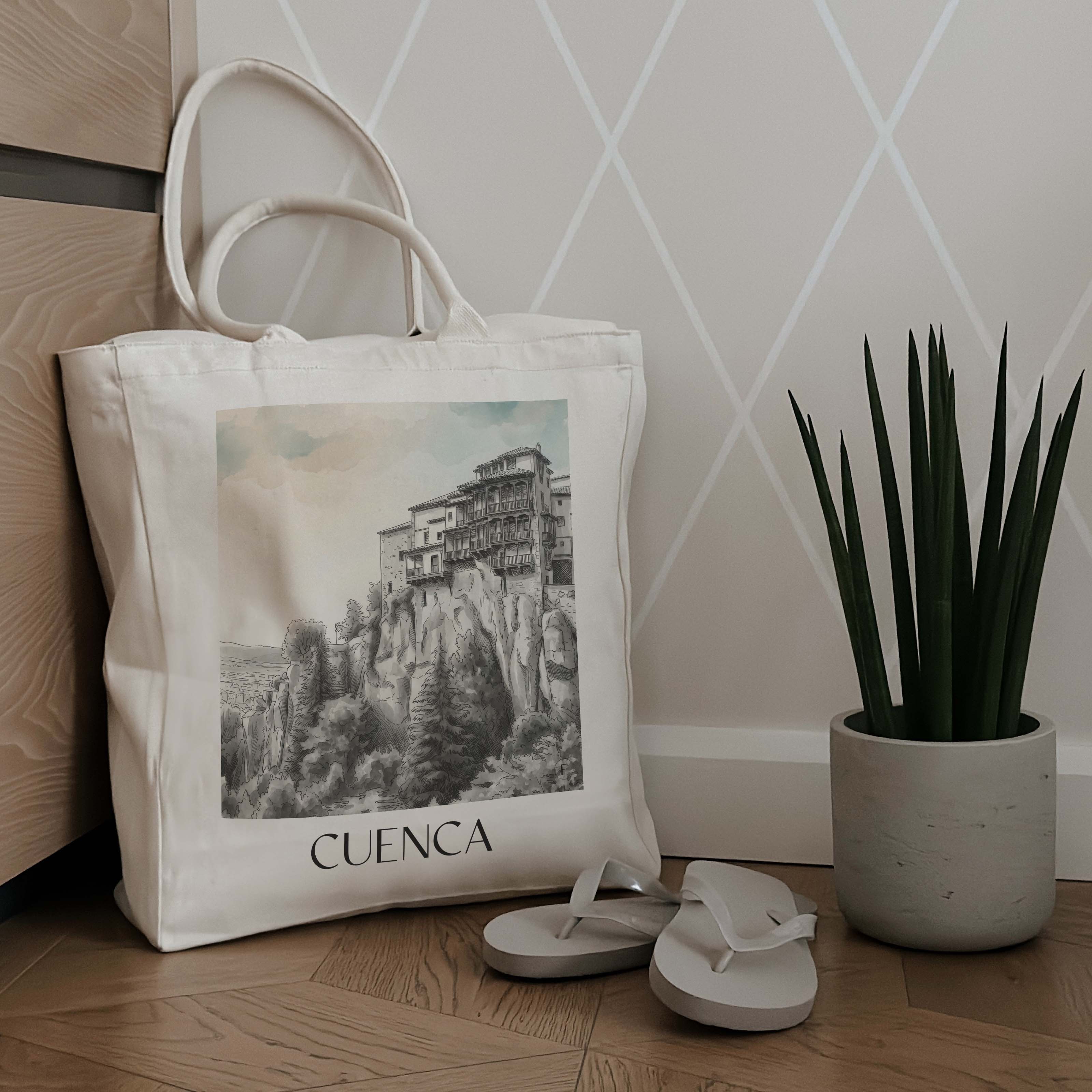 cuenca-spanien-spanien-einkaufstasche-aquarell-schwarz-weiss
