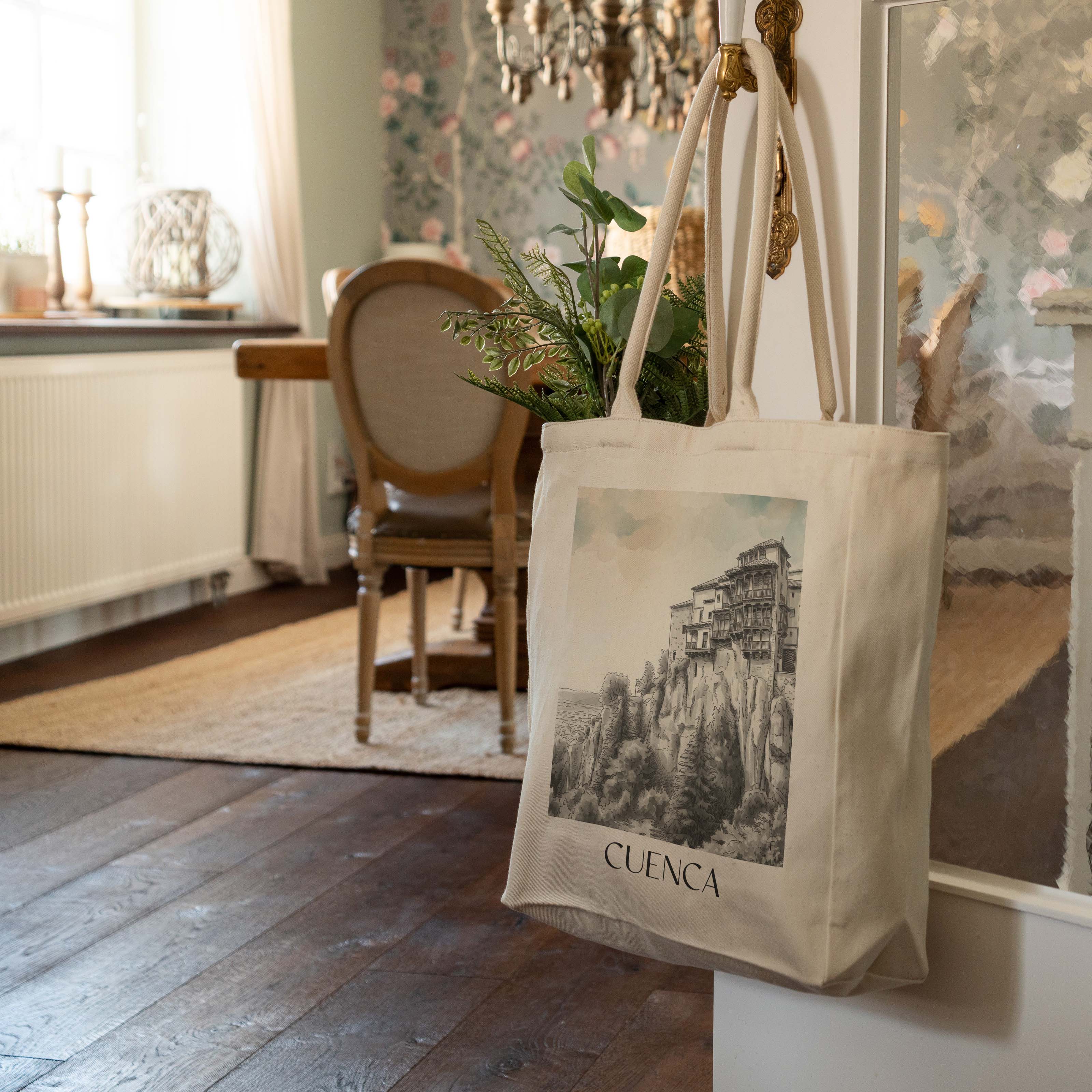 cuenca-spanien-spanien-einkaufstasche-aquarell-schwarz-weiss