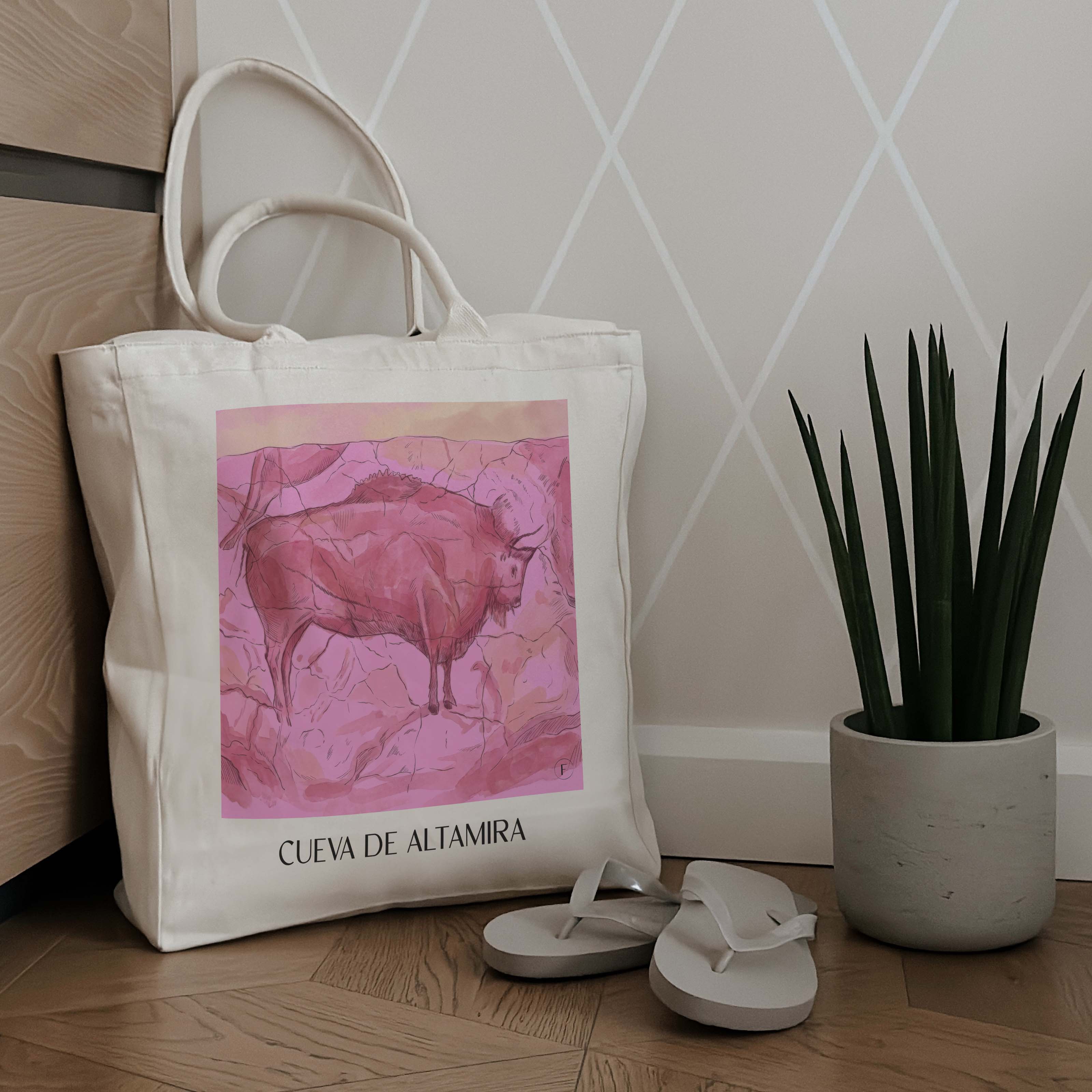 cueva-de-altamira-spanien-spanien-einkaufstasche-aquarell-pink-rosa