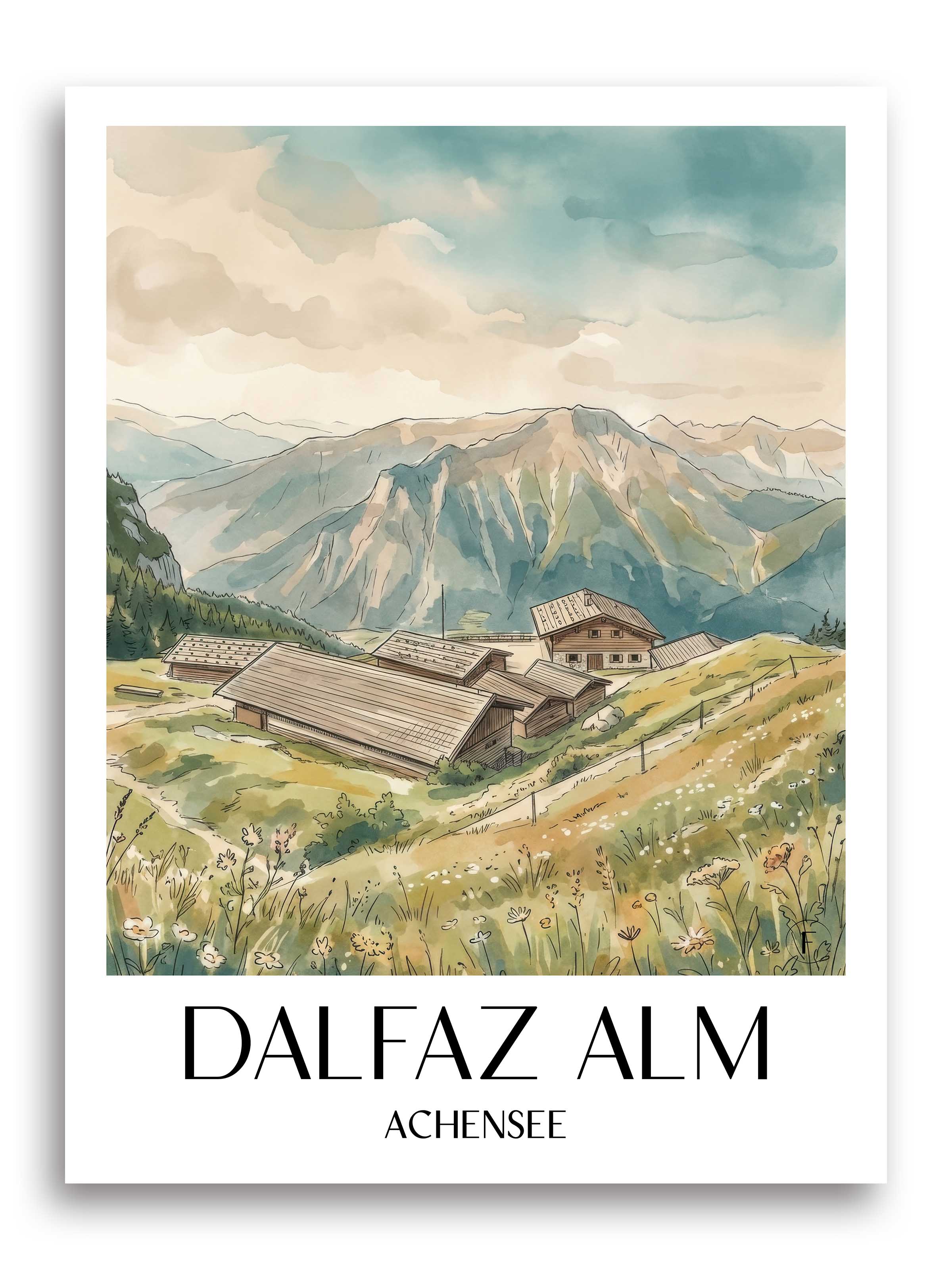 dalfaz-alm-achensee-österreich-poster-aquarell