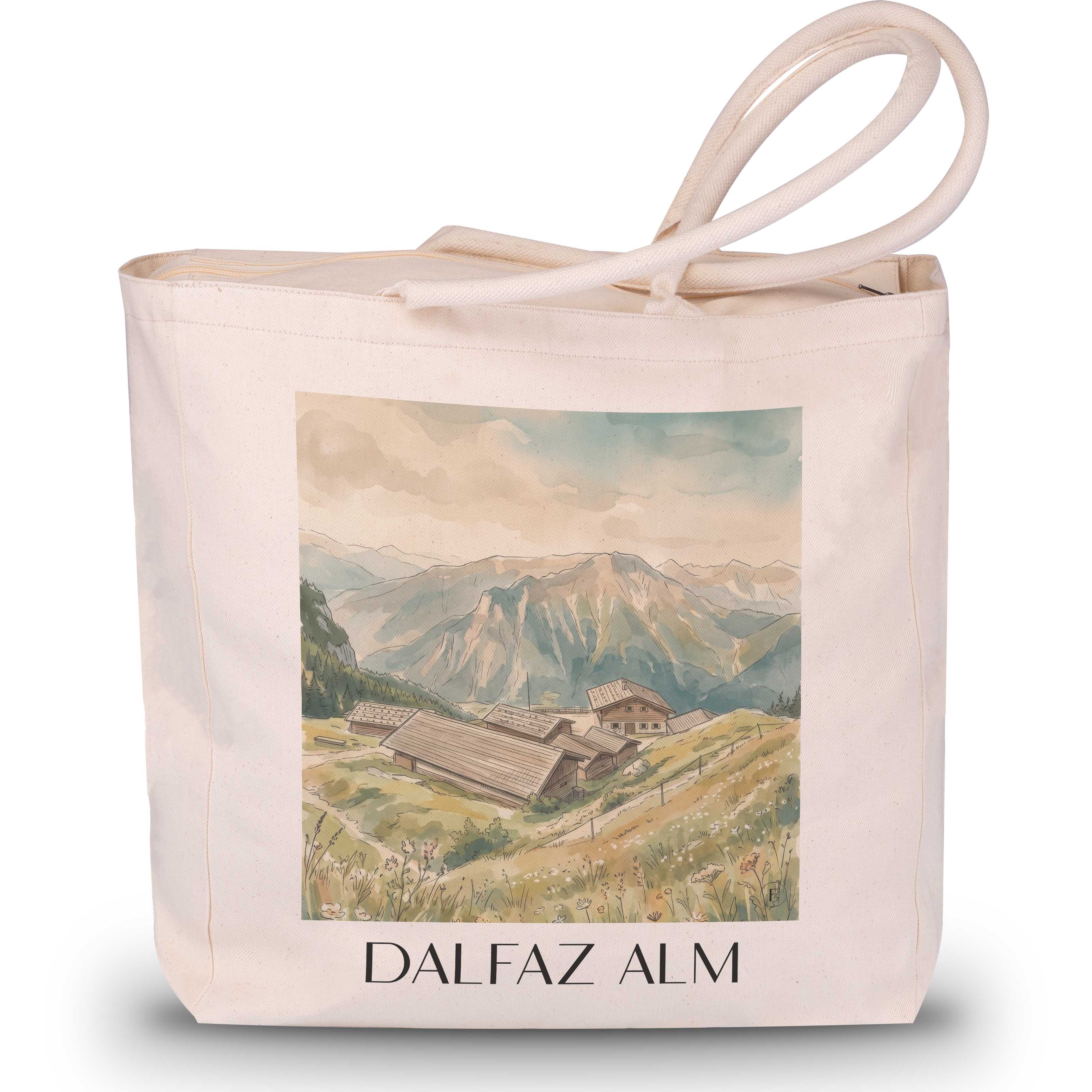 dalfaz-alm-achensee-österreich-einkaufstasche-aquarell