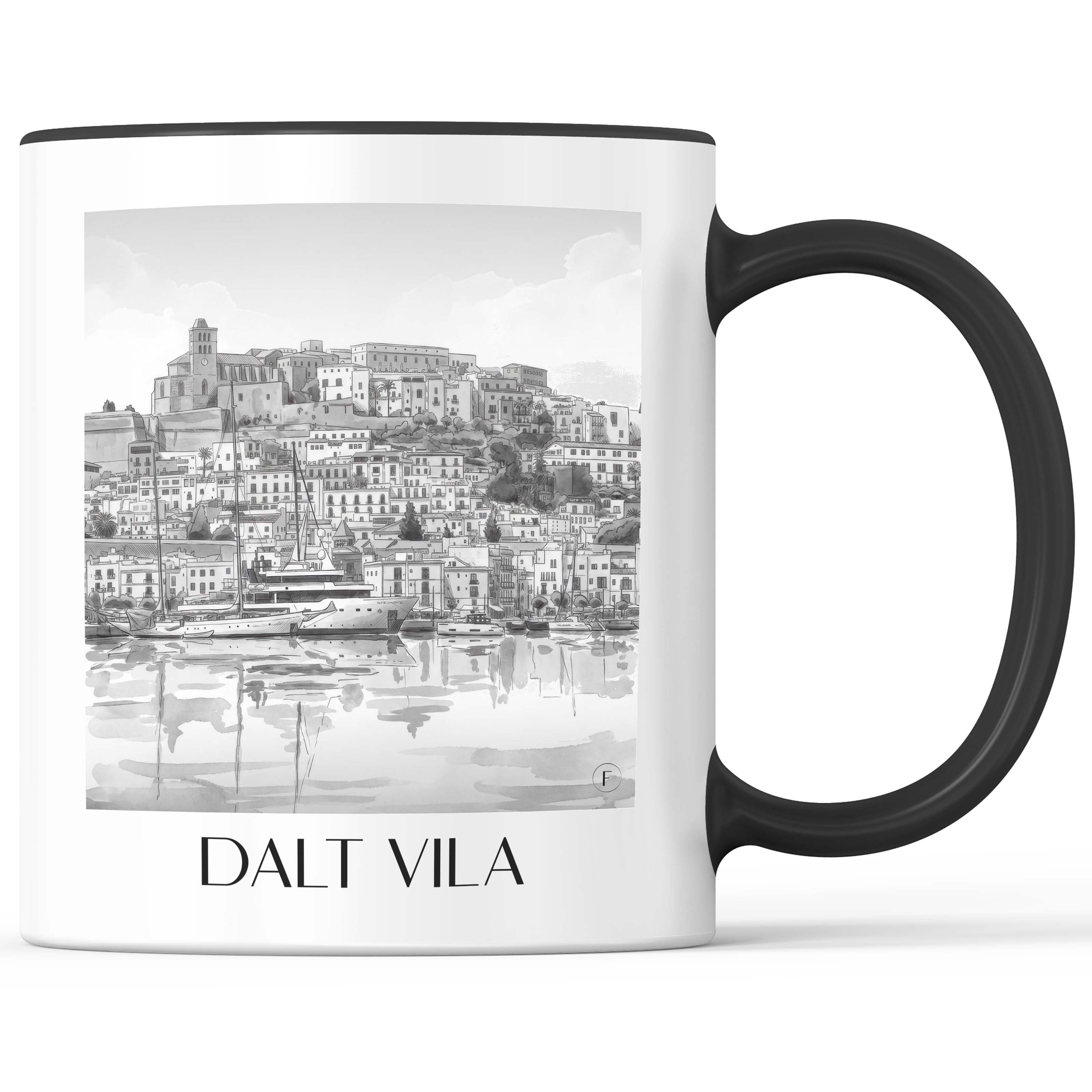 Dalt Vila Kaffeebecher - Ibiza - Spanien Becher - Kaffeetasse im Aquarell Schwarz-Weiß Stil - favplace
