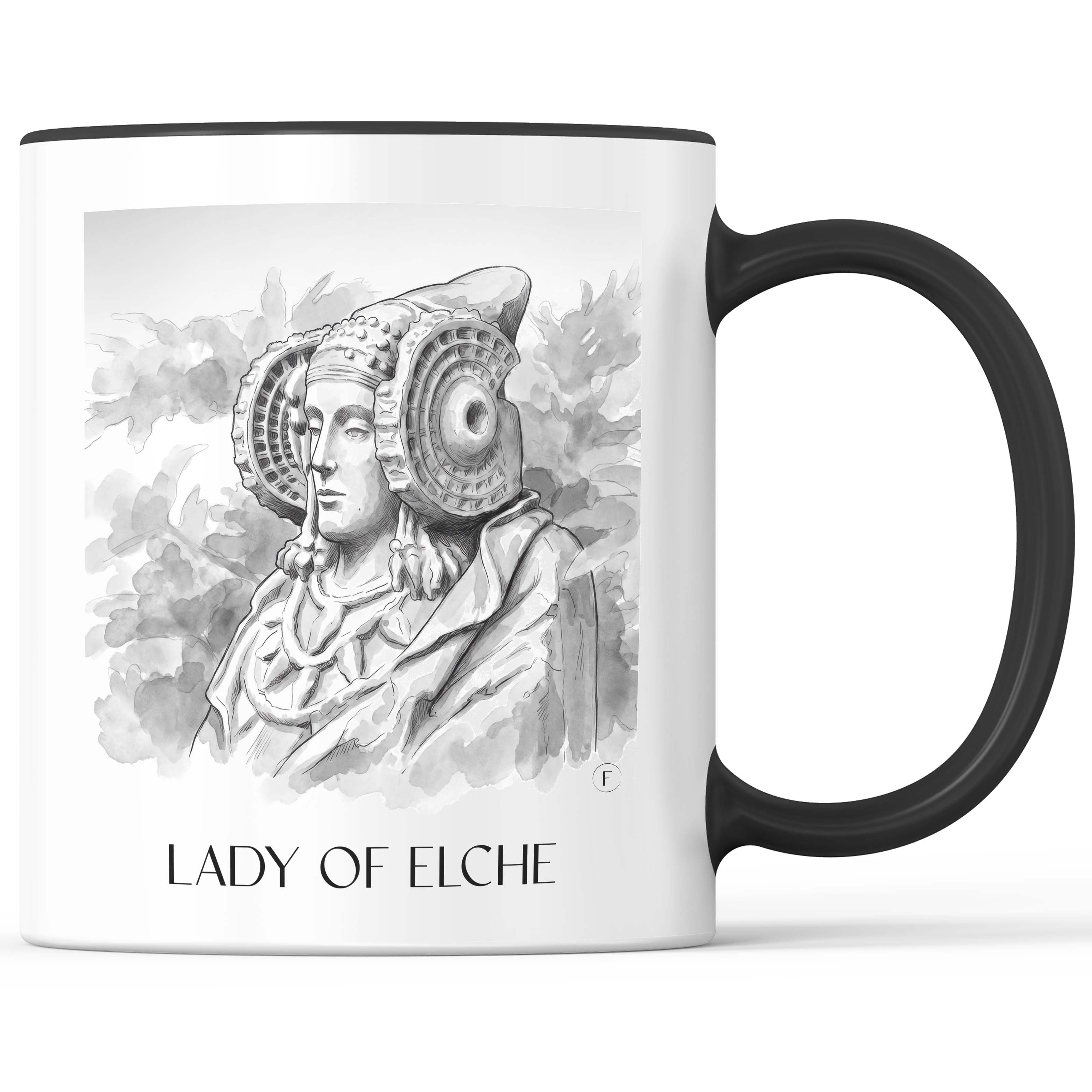 Dama de Elche Kaffeebecher - Spanien - Spanien Becher - Kaffeetasse im Aquarell Schwarz-Weiß Stil - favplace