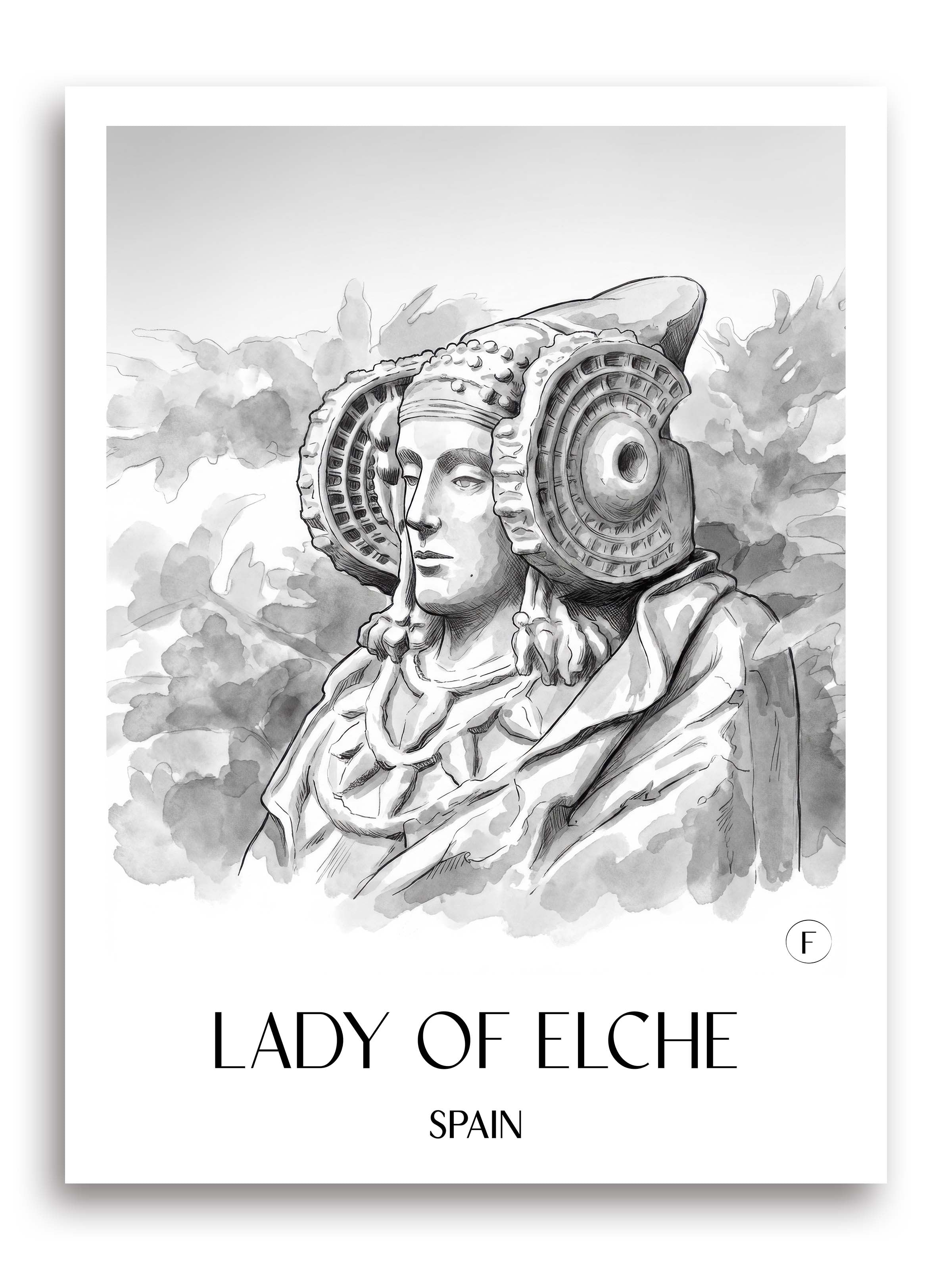 Dama de Elche Poster - Spanien - Spanien Kunstdruck - Aquarell Schwarz-Weiß von A4 bis A1 - favplace