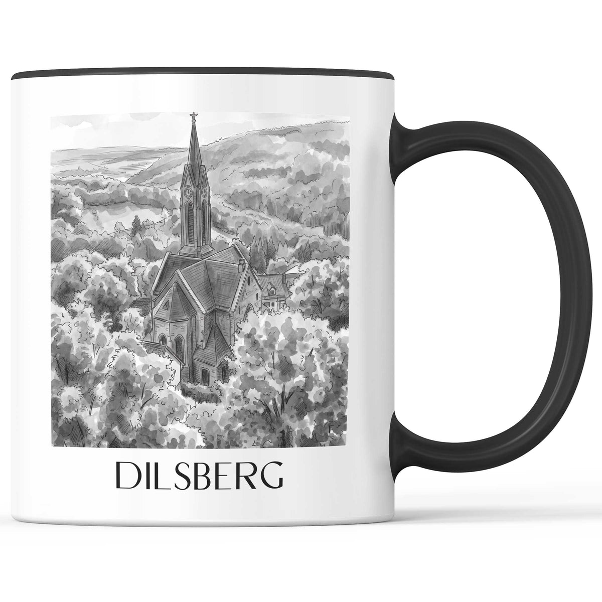 Dilsberg Kaffeebecher - Neckartal - Deutschland Becher - Kaffeetasse im Aquarell Schwarz-Weiß Stil - favplace