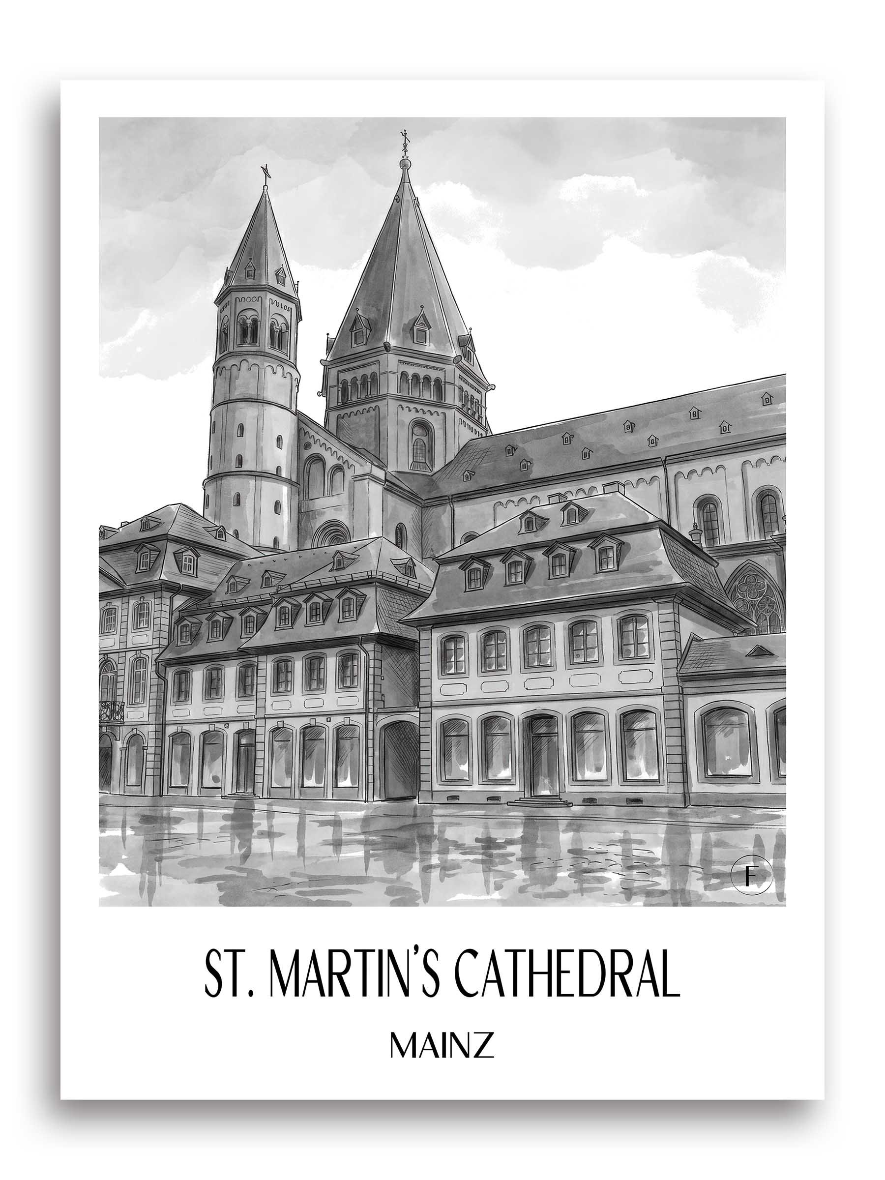 Dom St. Martin Poster - Mainz - Deutschland Kunstdruck - Aquarell Schwarz-Weiß von A4 bis A1 - favplace