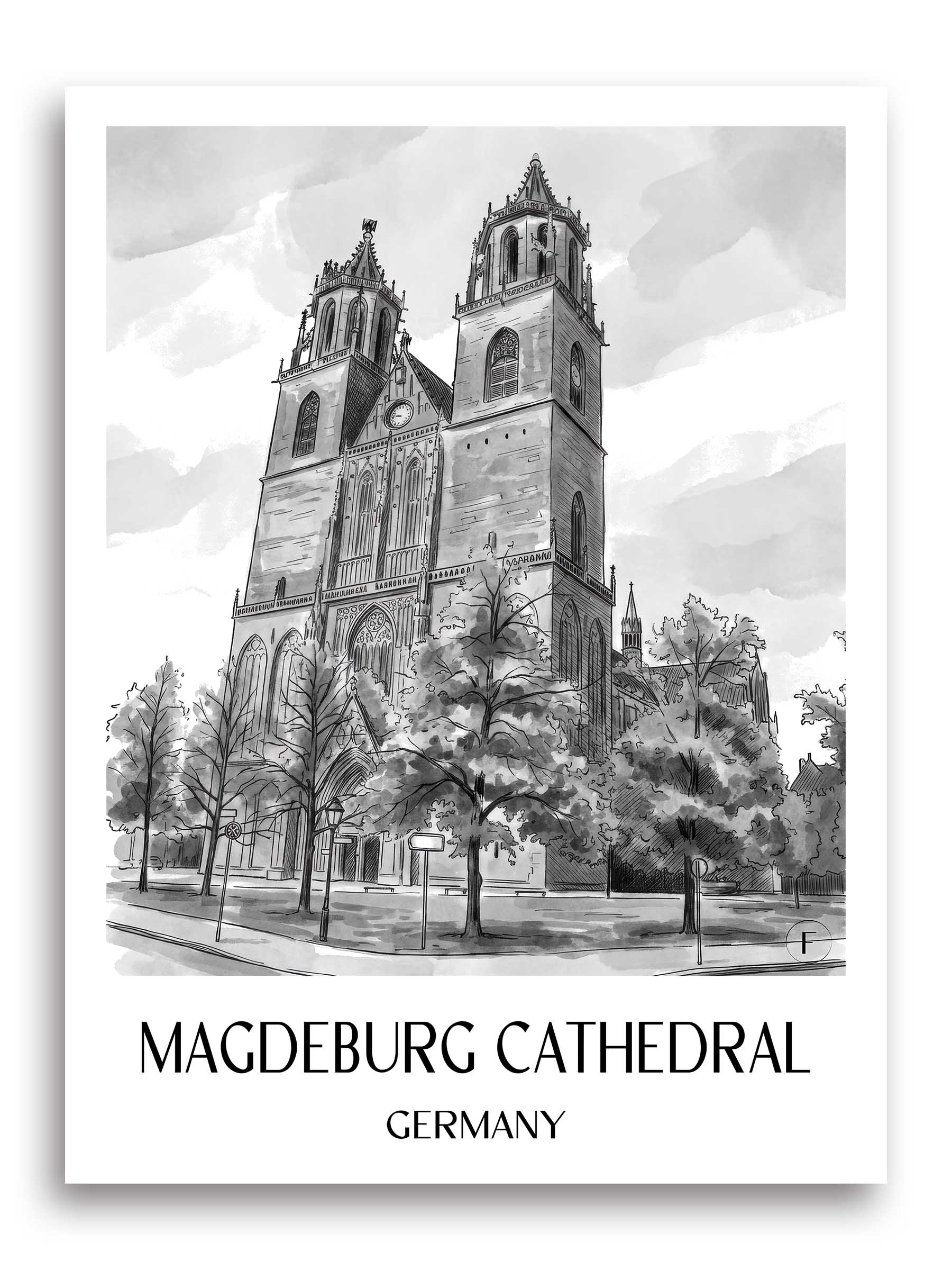 Dom zu Magdeburg Poster - Sachsen-Anhalt - Deutschland Kunstdruck - Aquarell Schwarz-Weiß von A4 bis A1 - favplace