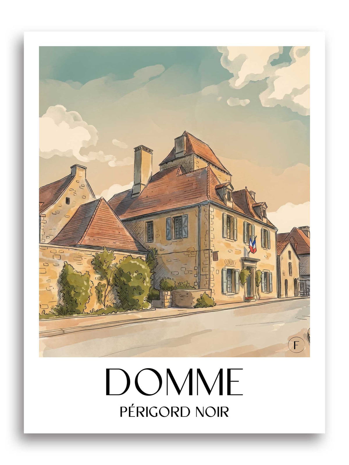 domme-périgord-noir-frankreich-poster-aquarell