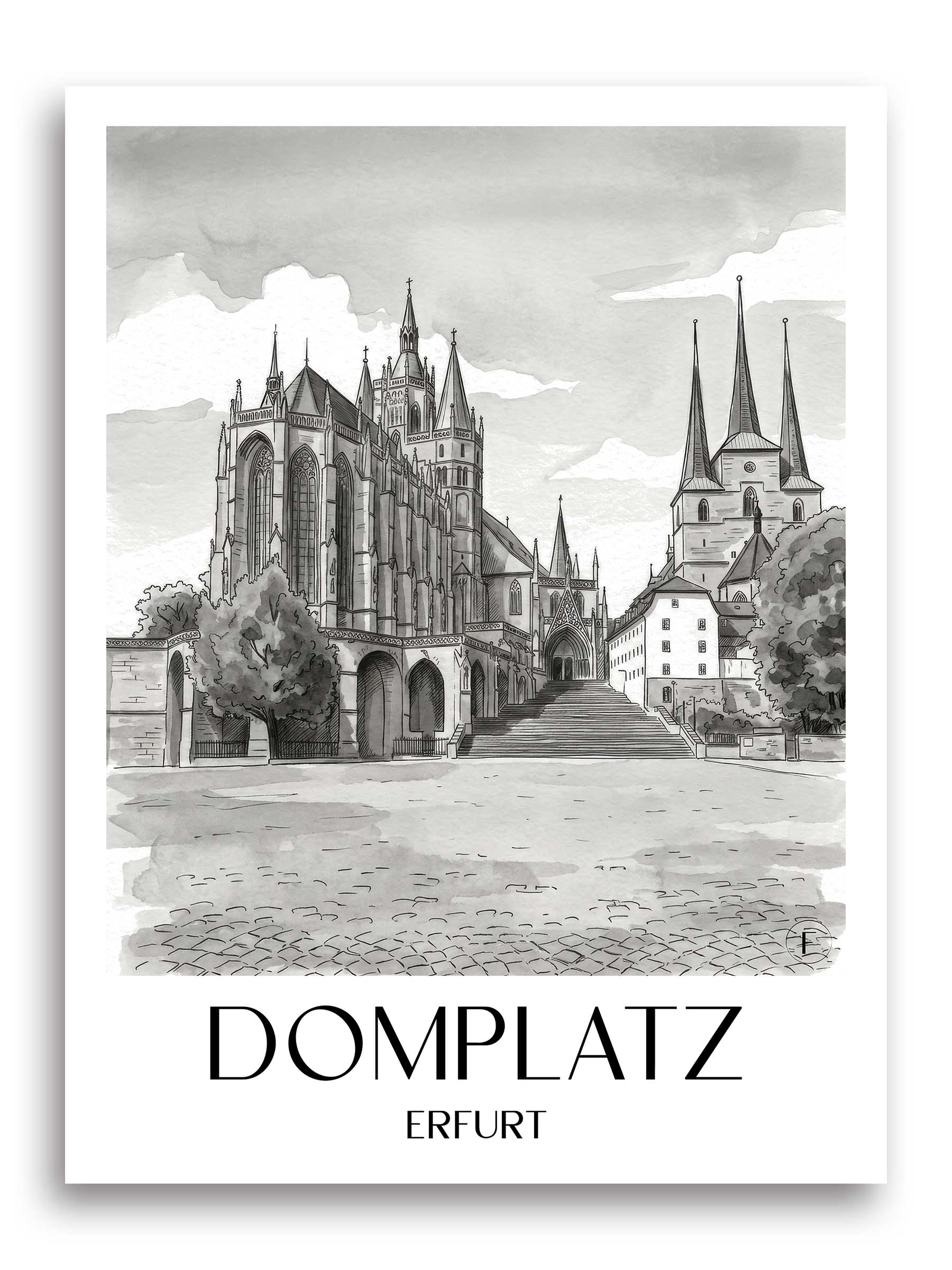 domplatz-erfurt-deutschland-poster-aquarell-schwarz-weiss