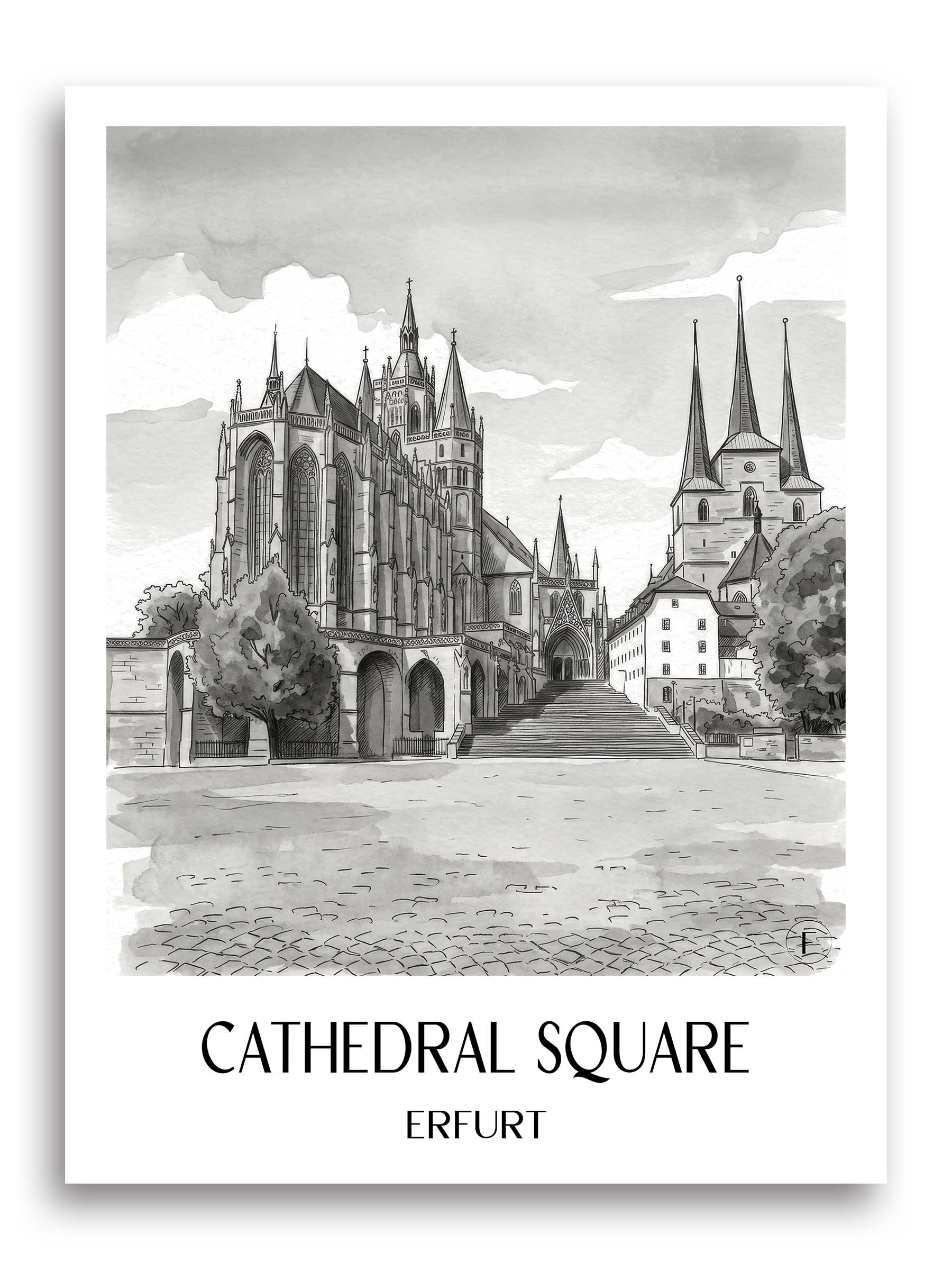 Domplatz Poster - Erfurt - Deutschland Kunstdruck - Aquarell Schwarz-Weiß von A4 bis A1 - favplace