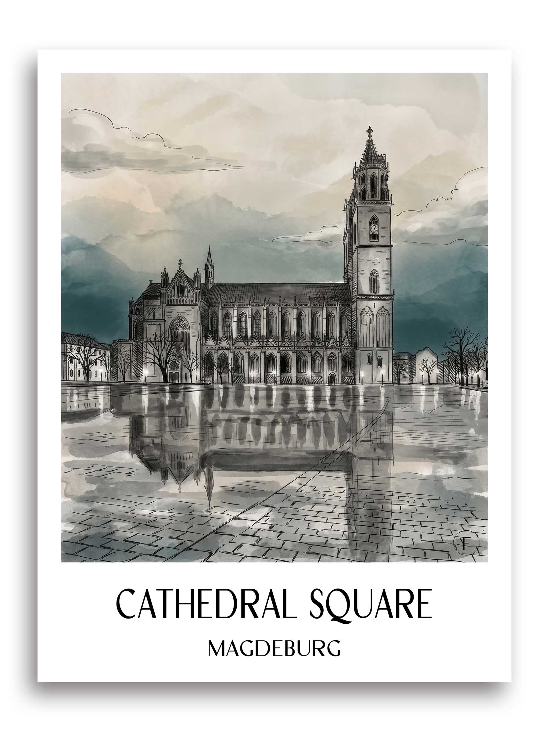 Domplatz Poster - Magdeburg - Deutschland Kunstdruck - Aquarell Schwarz-Weiß von A4 bis A1 - favplace
