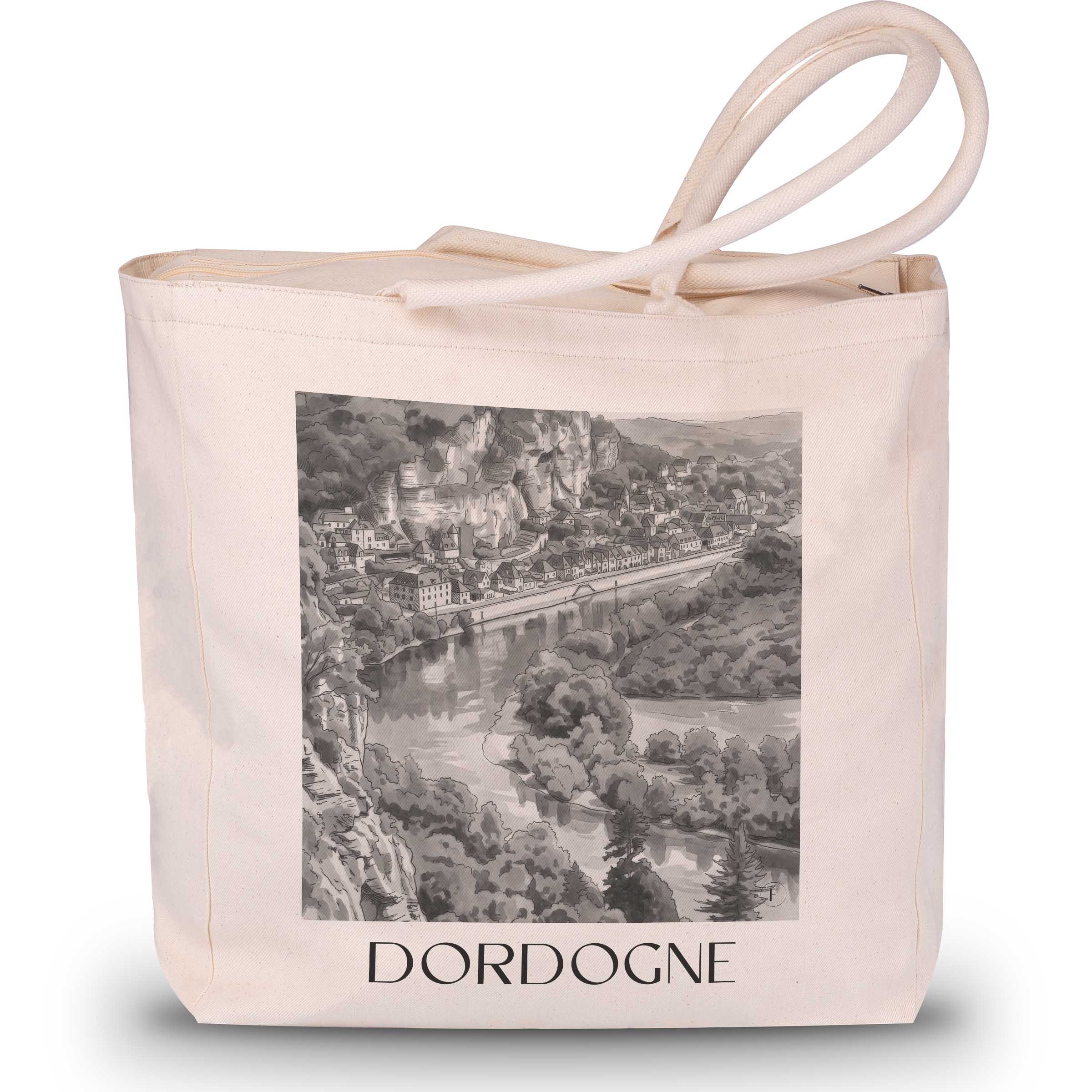 dordogne-frankreich-einkaufstasche-aquarell-schwarz-weiss