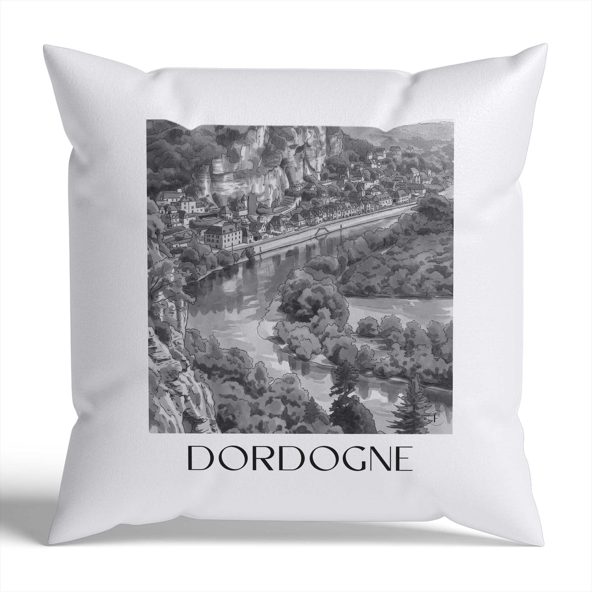 Dordogne Kissenhülle - Zierkissen Bezug - Frankreich - Frankreich Kissen bzw. Kissenbezug im Aquarell Schwarz-Weiß Stil - favplace